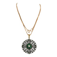 14k Rose Gold & Silver Pendant Necklace with Emeralds & Diamonds, 1880