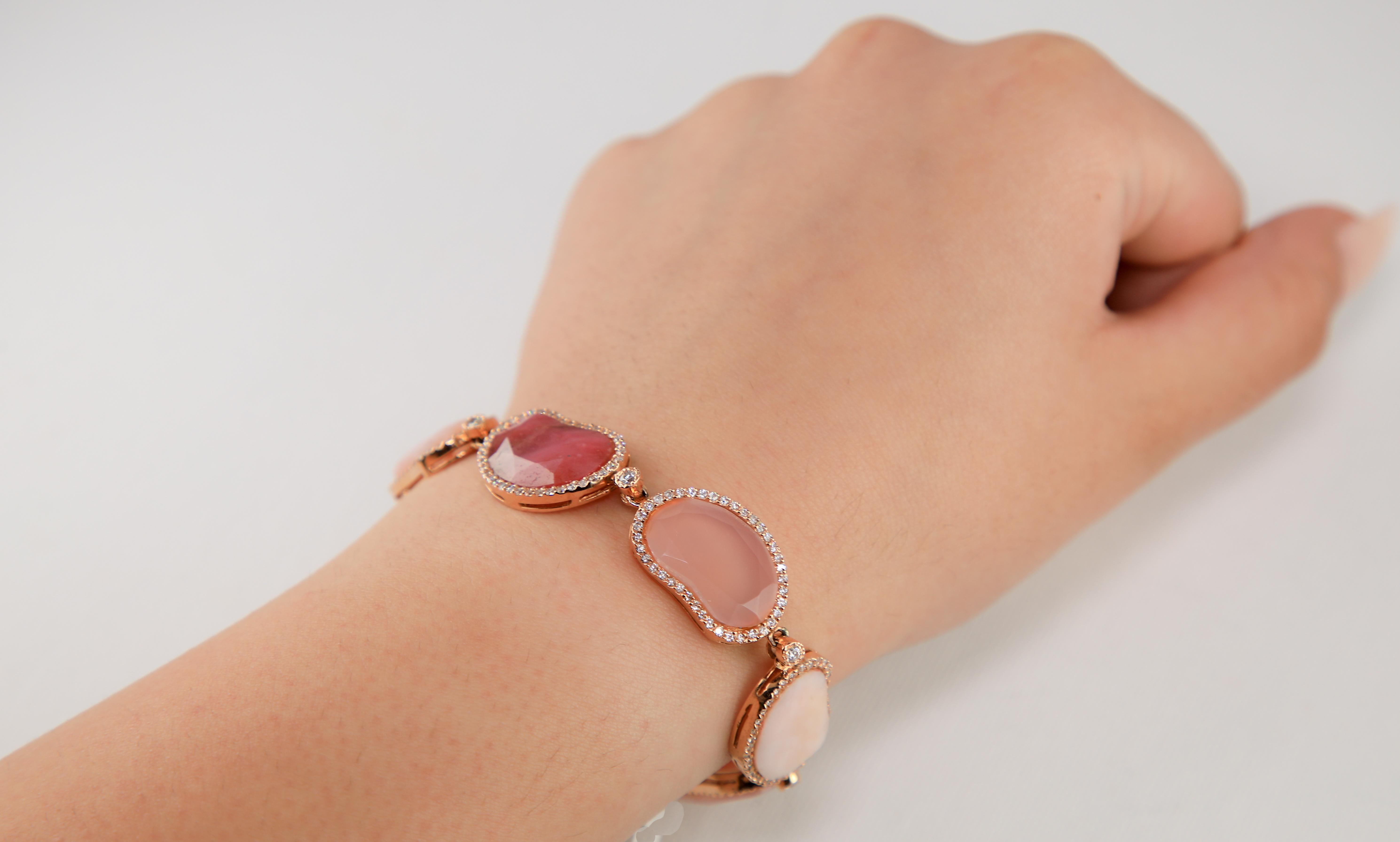 Modern 14 Karat Rose Gold Sliced Pink Agate Ruby Rose Quartz Pink Bean Diamond Bracelet For Sale