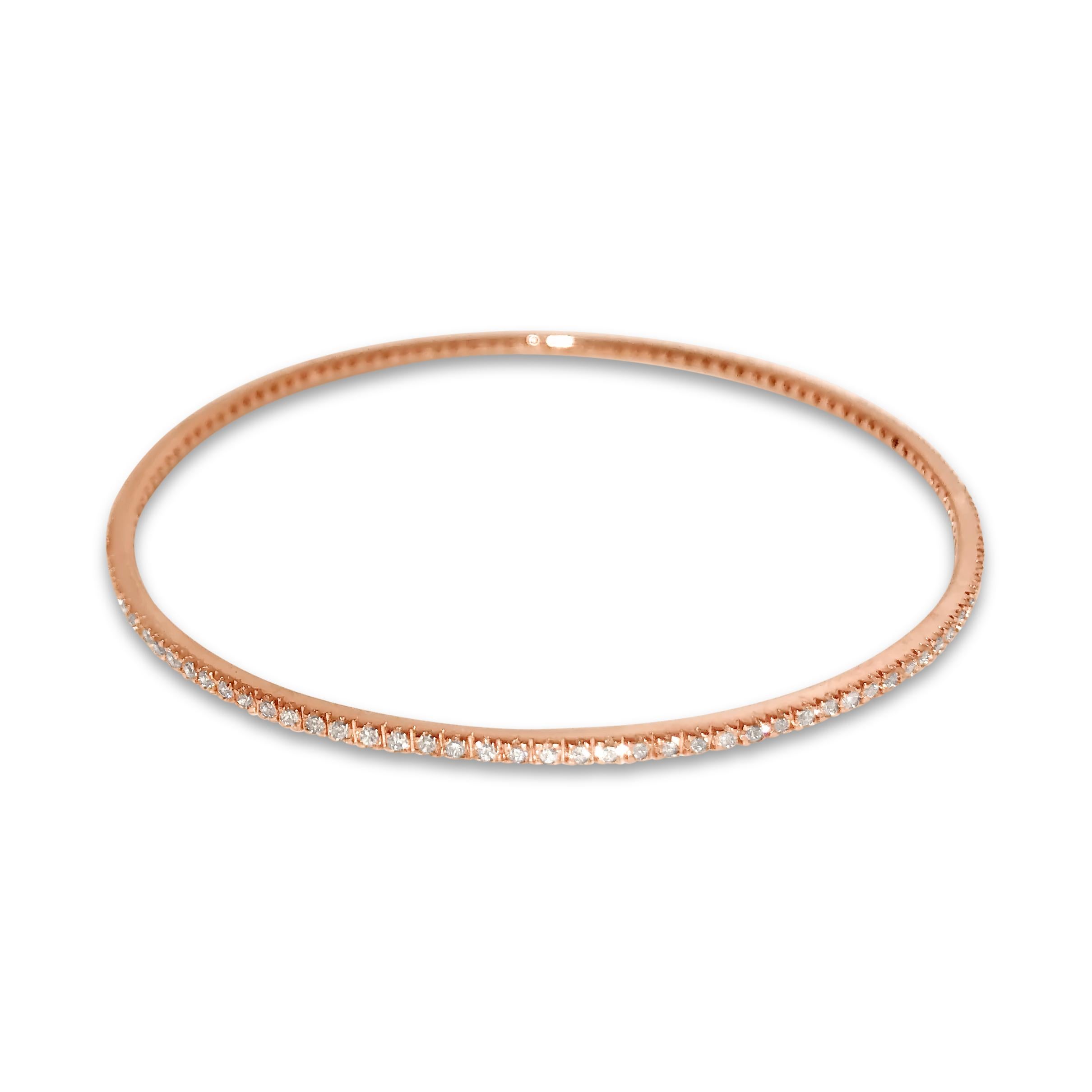 The quintessential diamond pavé round bangle – just slip on and start stacking! Set in 14K rose gold and featuring 120 round 1.4mm white diamonds totaling 1.50ct.

Specifications:
- Stone(s): White Diamond
- Diamond-Cut & Clarity:  1.50cts. Round
-