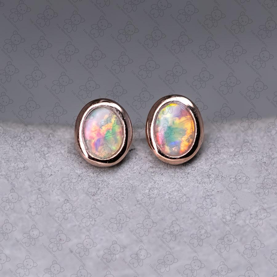 Arts and Crafts 14K Rose Gold Small Oval Australian Solid Opal Stud Earrings For Sale
