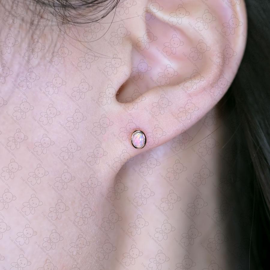 Oval Cut 14K Rose Gold Small Oval Australian Solid Opal Stud Earrings For Sale