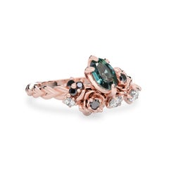 14k Rose Gold Small Rose Blossom Engagement Ring, Oval Sapphire & Diamond'SI'
