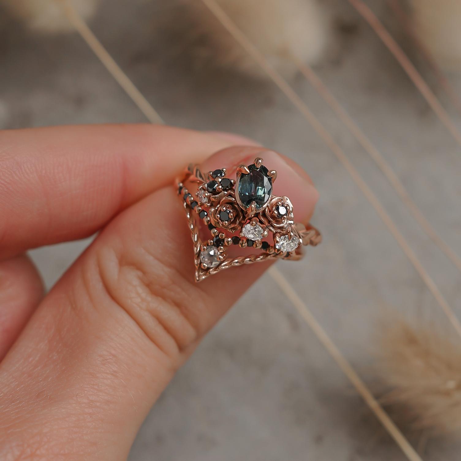 For Sale:  14k Rose Gold Small Rose Blossom Engagement Ring, Oval Sapphire & Diamond'SI' 4