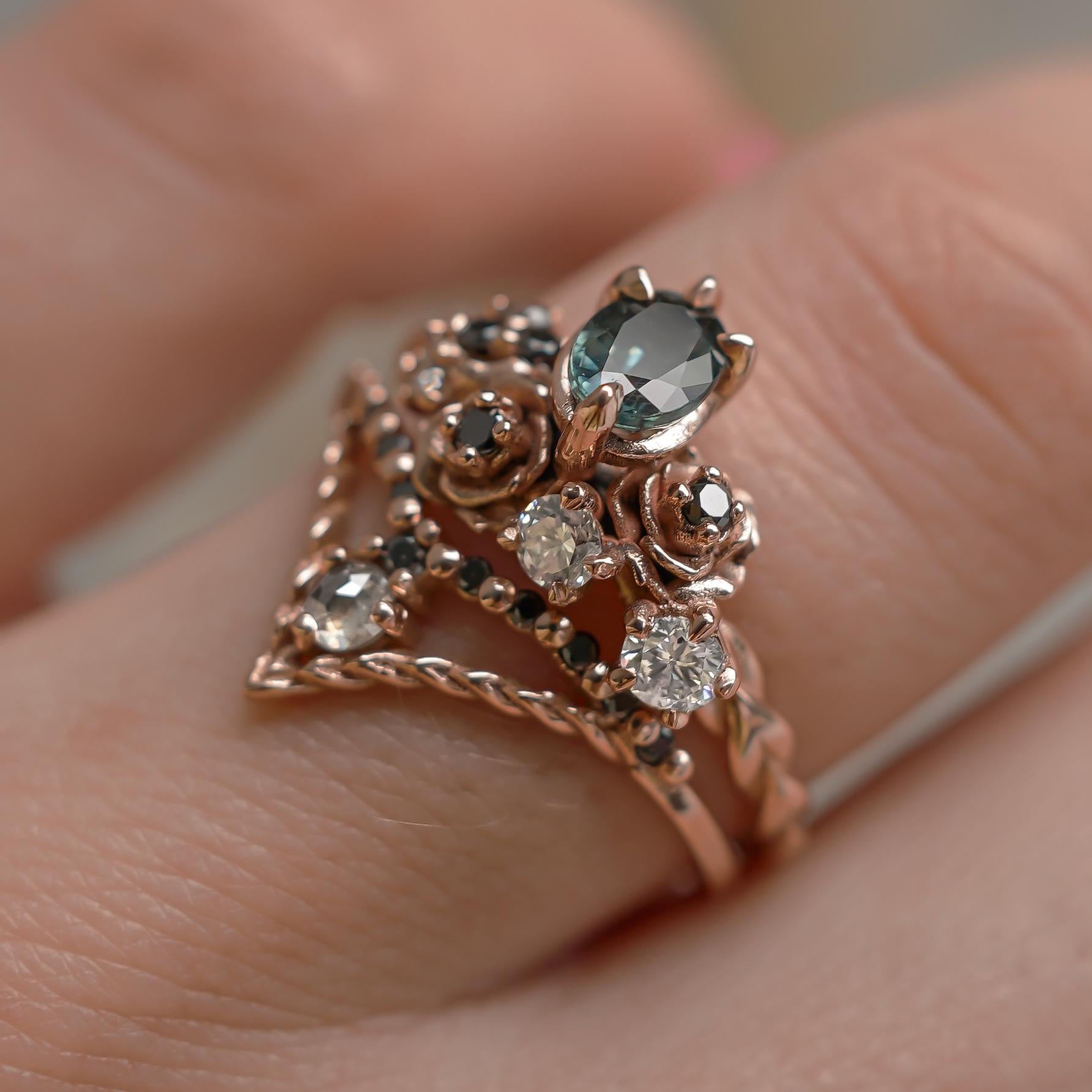 For Sale:  14k Rose Gold Small Rose Blossom Engagement Ring, Oval Sapphire & Diamond'SI' 5