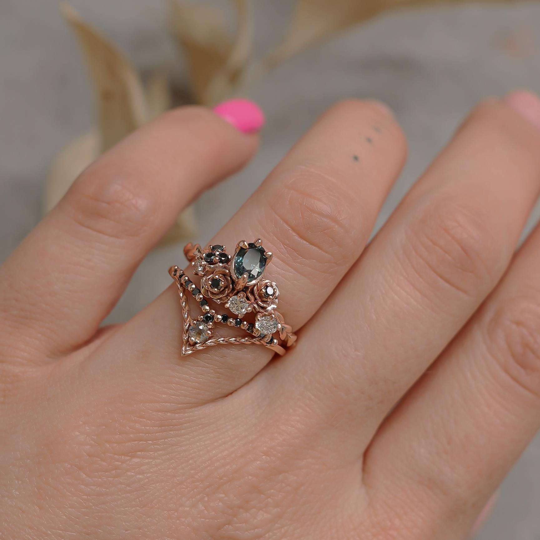 For Sale:  14k Rose Gold Small Rose Blossom Engagement Ring, Oval Sapphire & Diamond'SI' 6