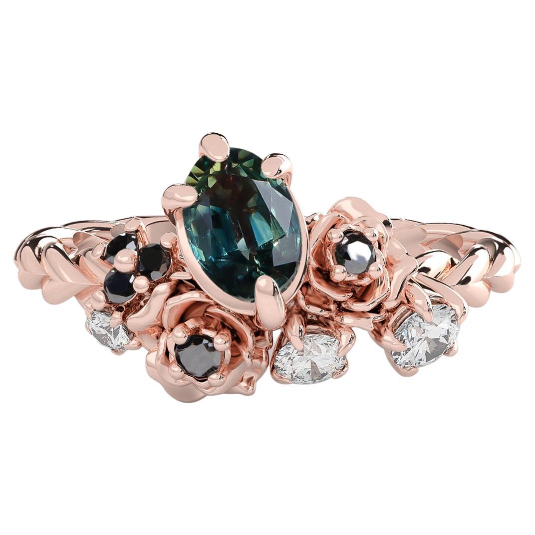 14k Rose Gold Small Rose Blossom Engagement Ring, Oval Sapphire & Diamond'SI'