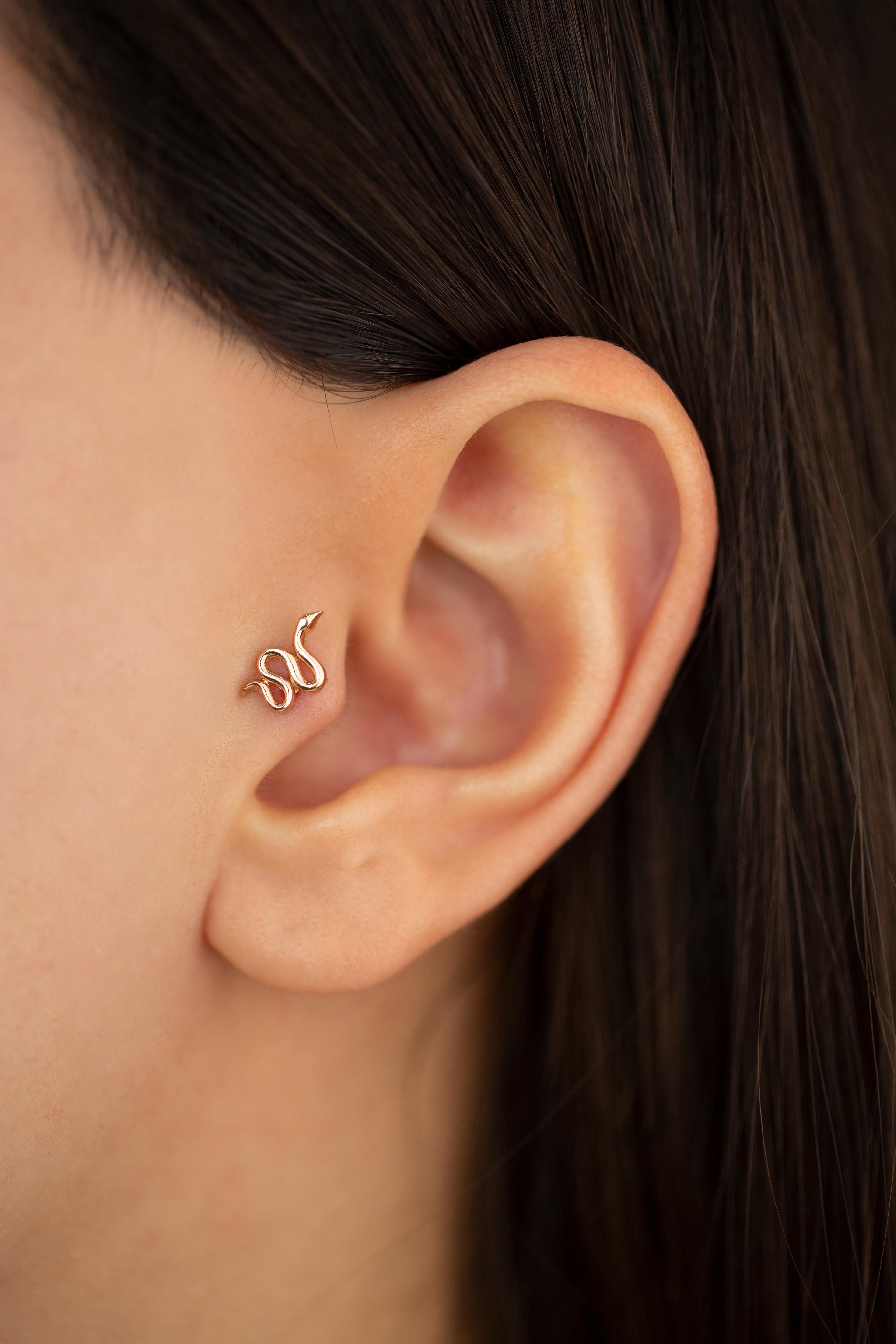 14K Rose Gold Snake Piercing, Rose Gold Stud Snake Earring

You can use the piercing as an earring too! Also this piercing is suitable for tragus, nose, helix, lobe, flat, medusa, monreo, labret and stud.

This piercing was made with quality