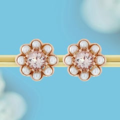14K Rose Gold Solid Natural Morganite Pearl Vintage Style Floral Stud Earrings
