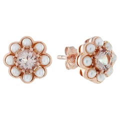 14K Rose Gold Solid Natural Morganite Pearl Vintage Style Floral Stud Earrings