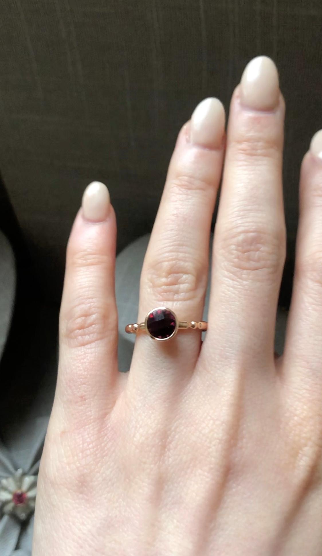 For Sale:  14k Rose Gold Solitaire Engagement Ring with 1.65 Ct Round Red Rhodolite Garnet 6