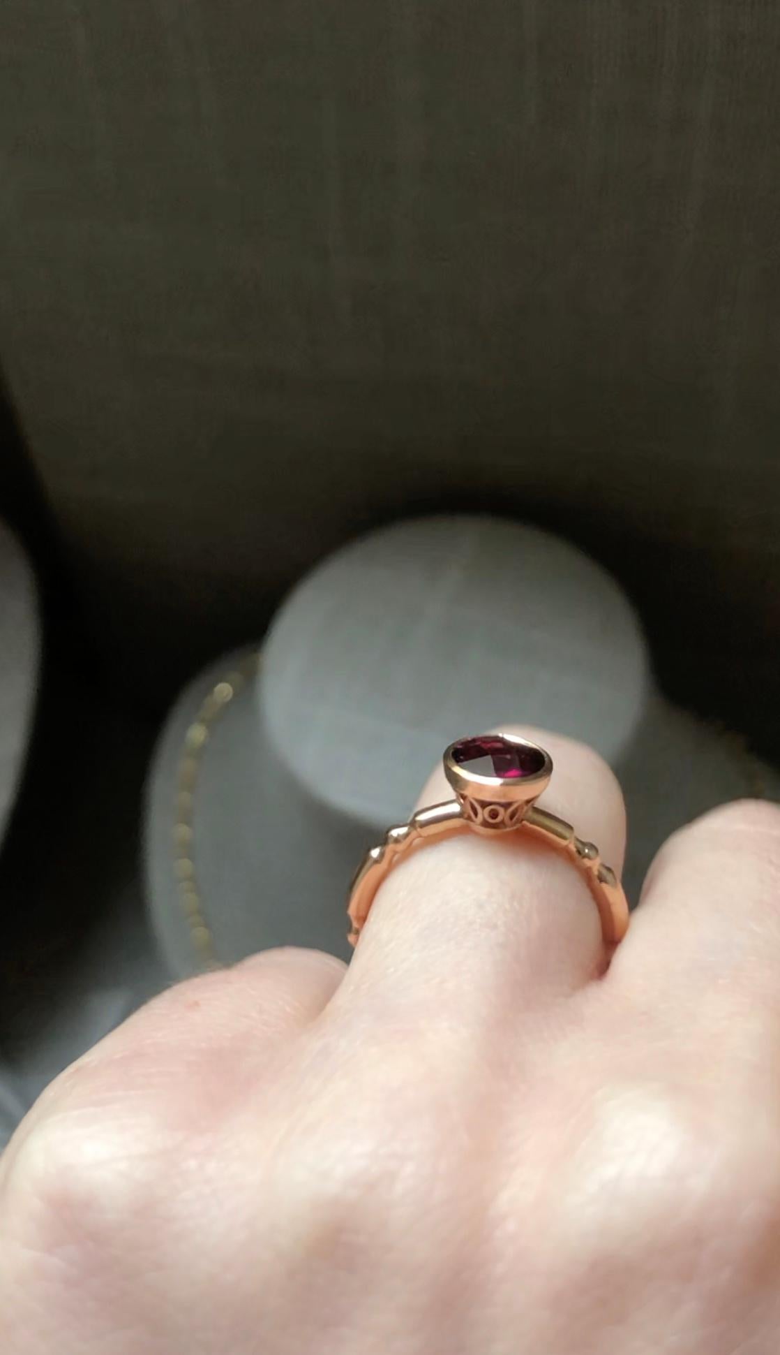 For Sale:  14k Rose Gold Solitaire Engagement Ring with 1.65 Ct Round Red Rhodolite Garnet 7