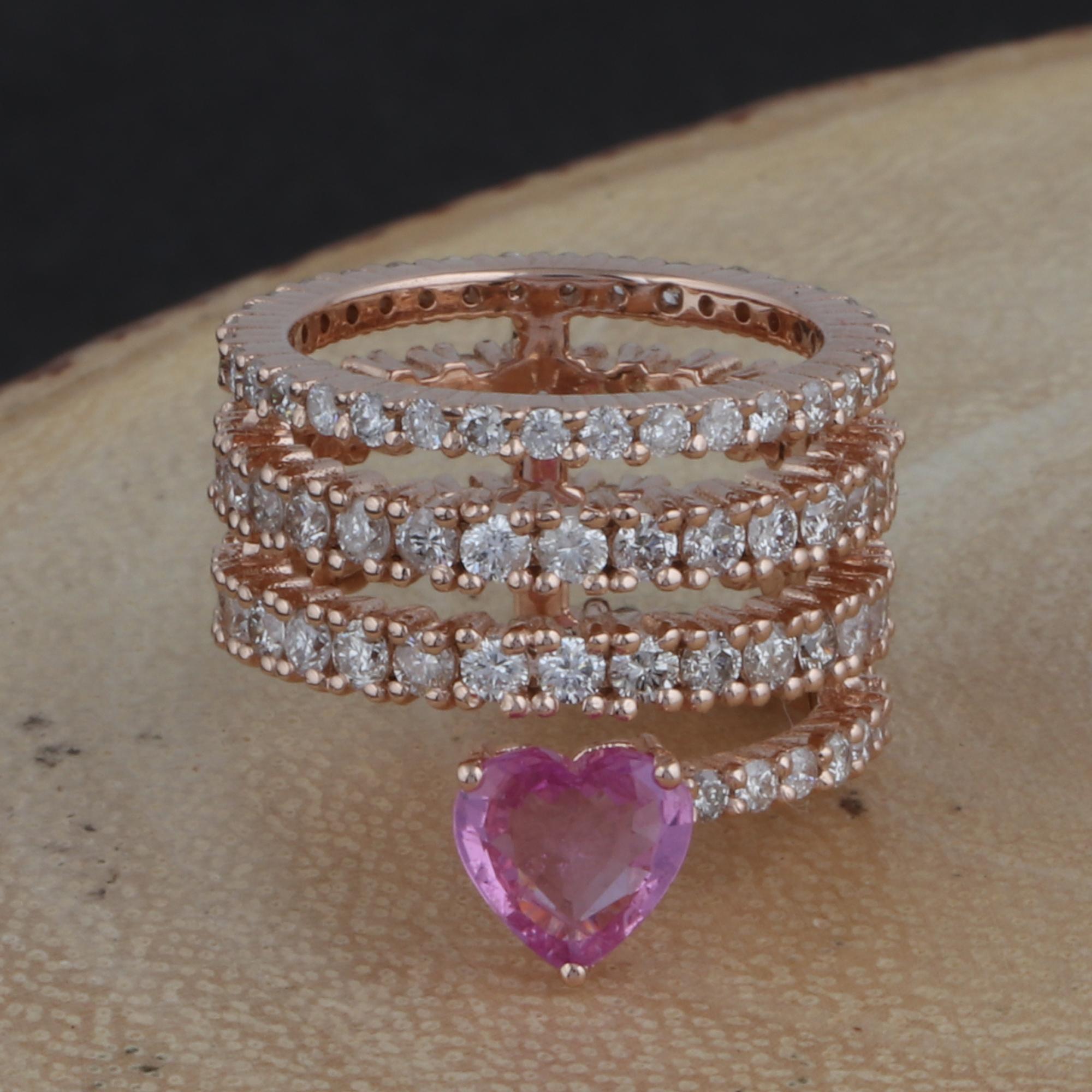 En vente :  Bague cocktail spirale en or rose 14k avec saphir rose et diamants 2