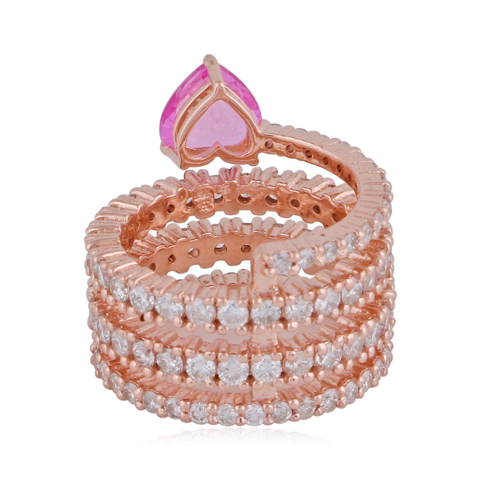 En vente :  Bague cocktail spirale en or rose 14k avec saphir rose et diamants 4