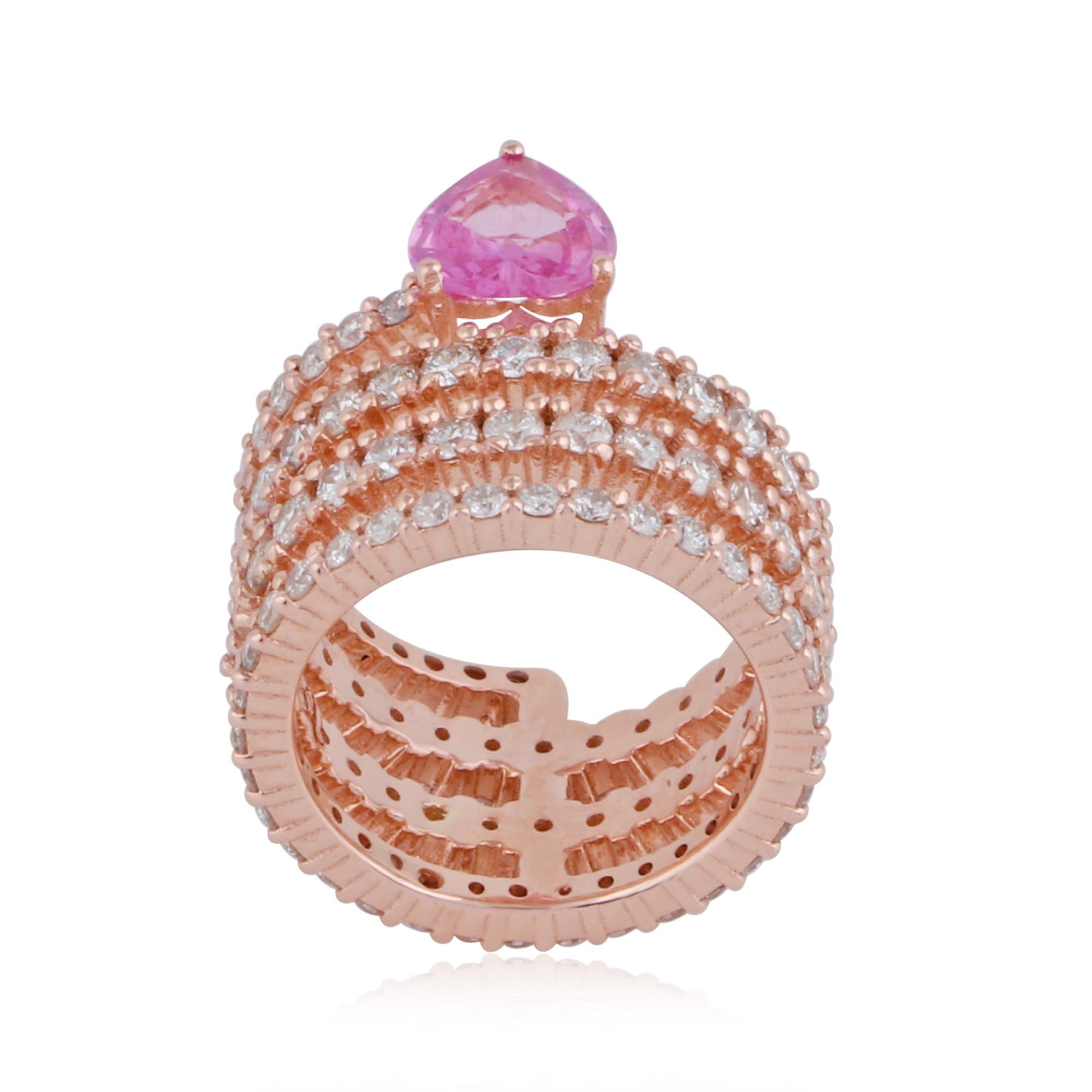 En vente :  Bague cocktail spirale en or rose 14k avec saphir rose et diamants 5
