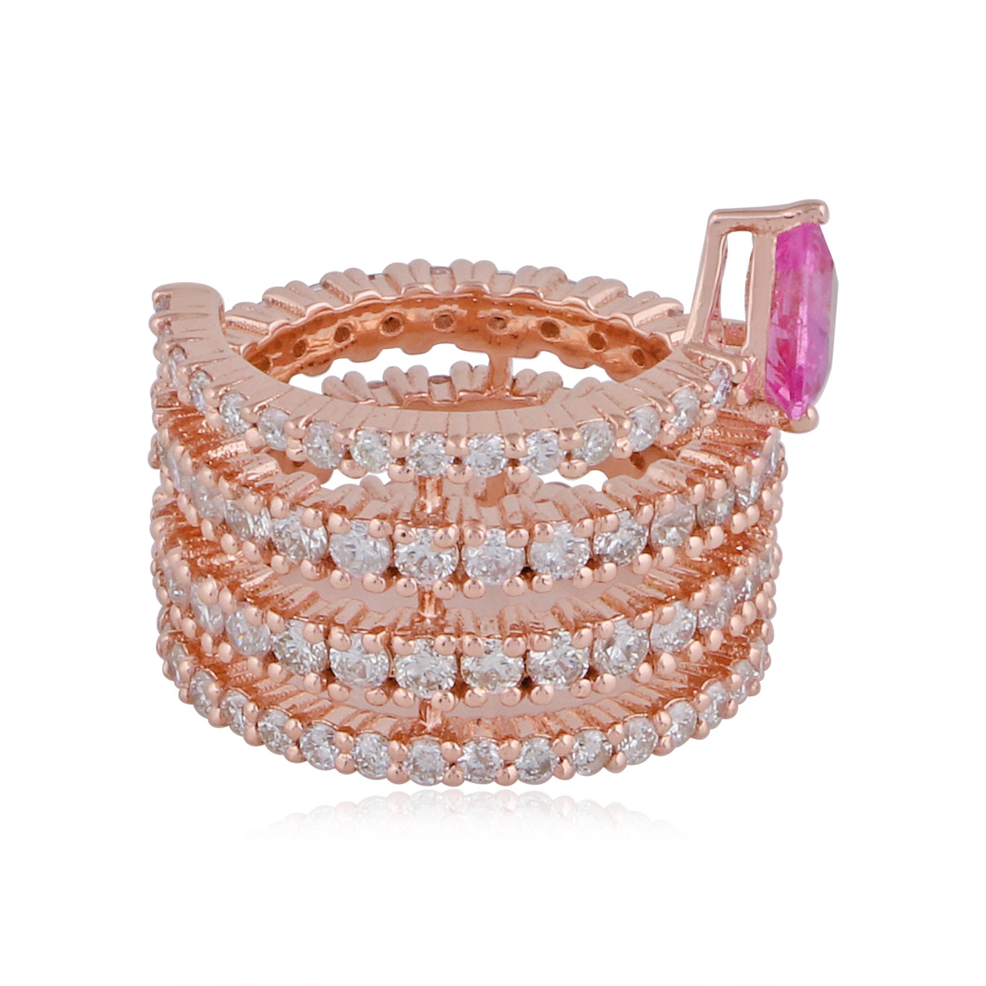 En vente :  Bague cocktail spirale en or rose 14k avec saphir rose et diamants 6