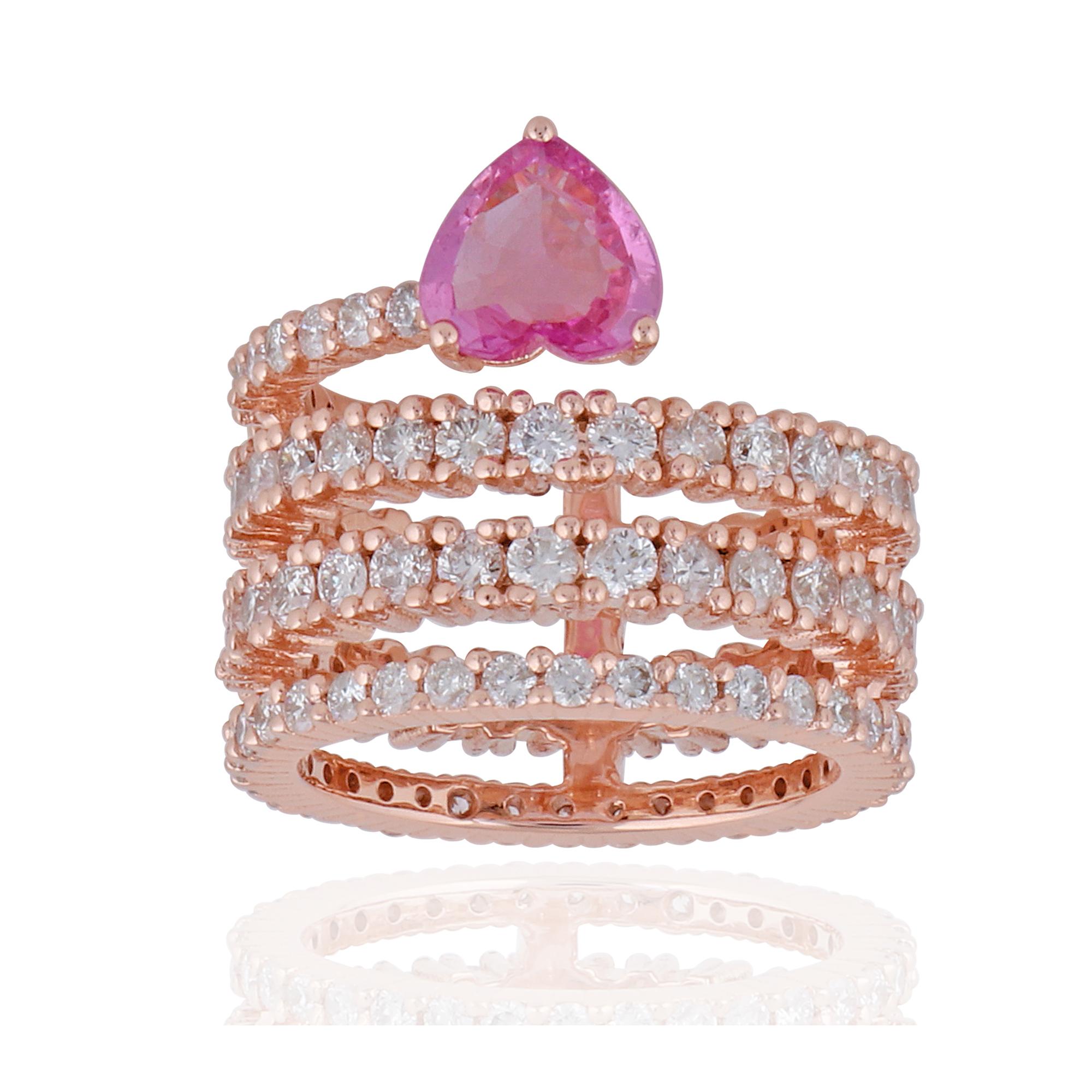 En vente :  Bague cocktail spirale en or rose 14k avec saphir rose et diamants 8