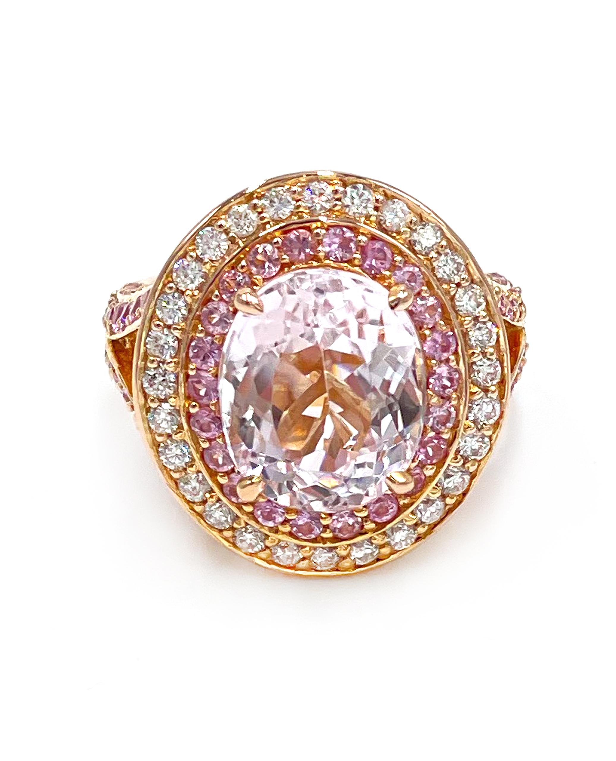 14K rose gold split shank double halo ring furnished with 78 pink sapphires 1.55 carats total weight and 28 round brilliant-cut diamonds 0.60 carats total weight.  In the center, there is one oval shape kunzite 5.93 carats.  

* Finger size 6
*