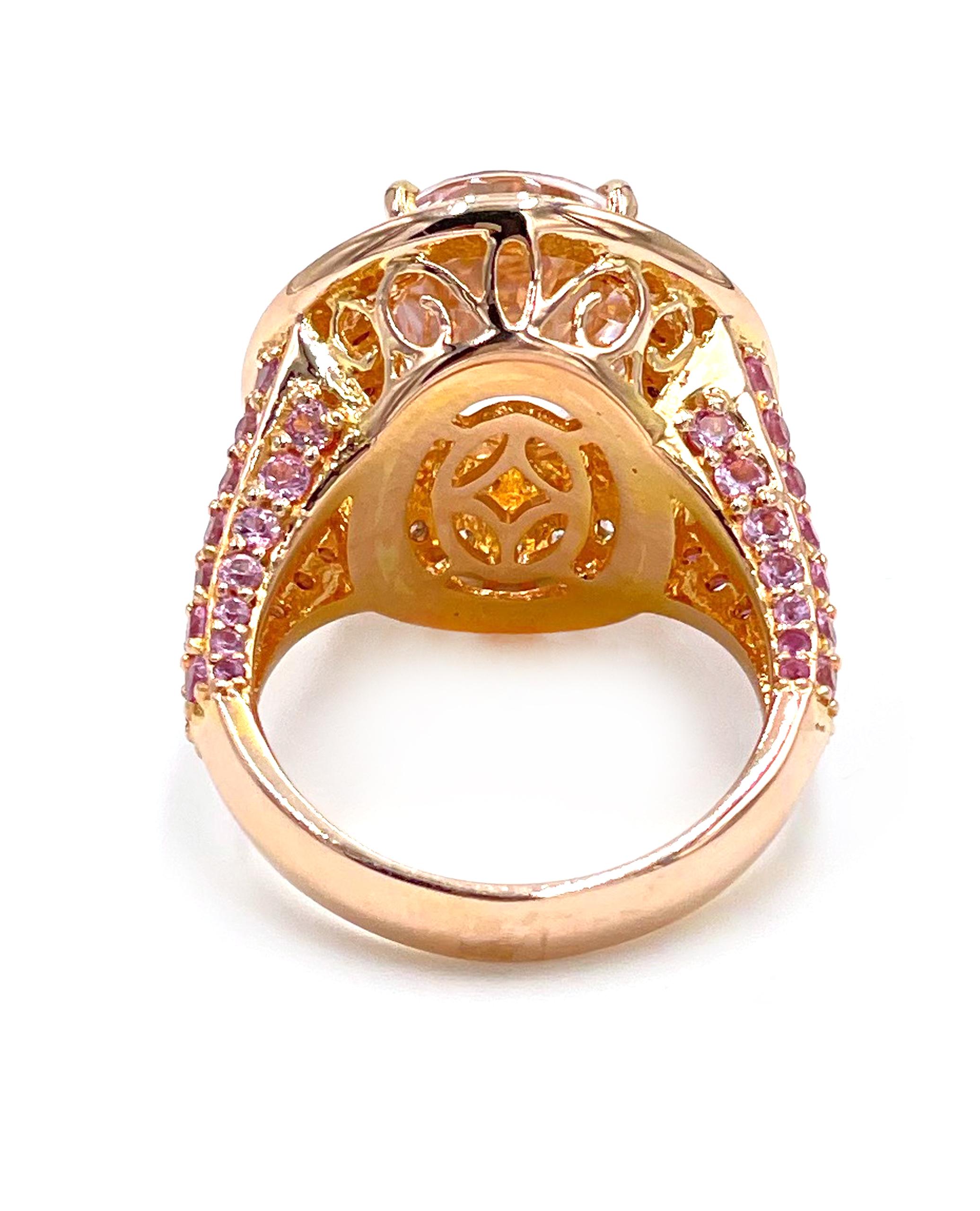 Contemporary 14K Rose Gold Split Shank Double Halo Ring, Kunzite, Pink Sapphires & Diamonds For Sale