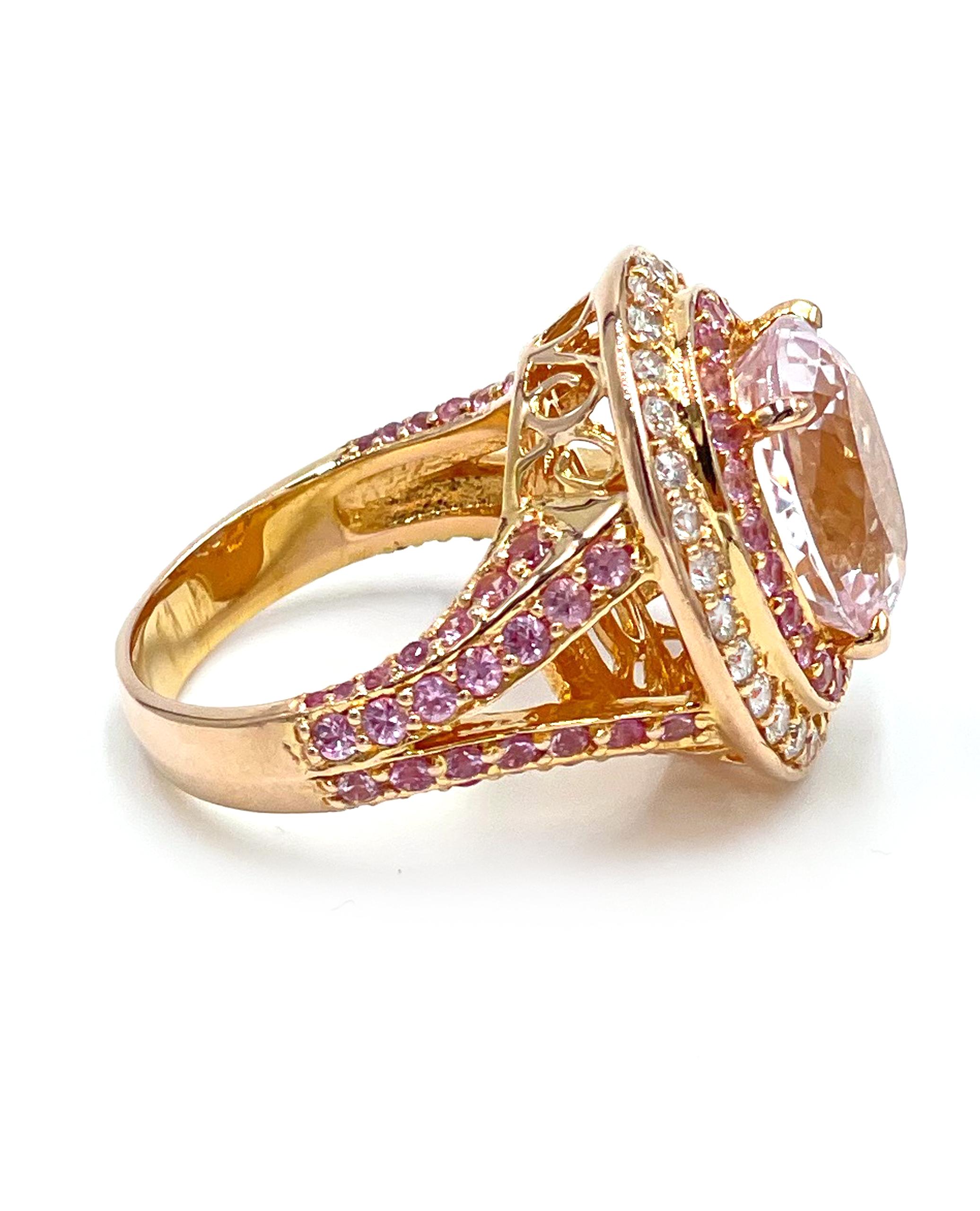 Oval Cut 14K Rose Gold Split Shank Double Halo Ring, Kunzite, Pink Sapphires & Diamonds For Sale