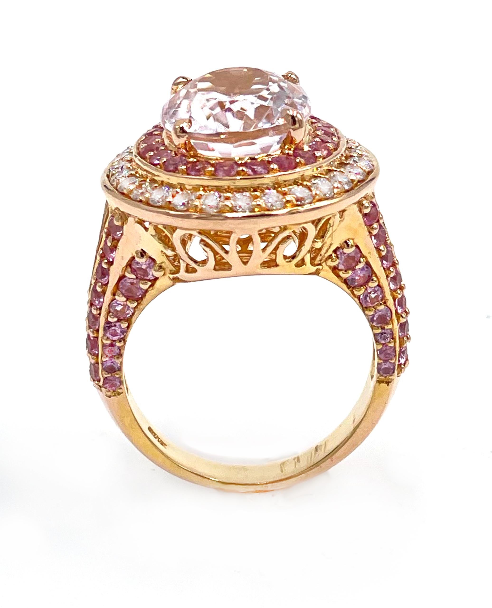 14K Rose Gold Split Shank Double Halo Ring, Kunzite, Pink Sapphires & Diamonds In New Condition For Sale In Old Tappan, NJ