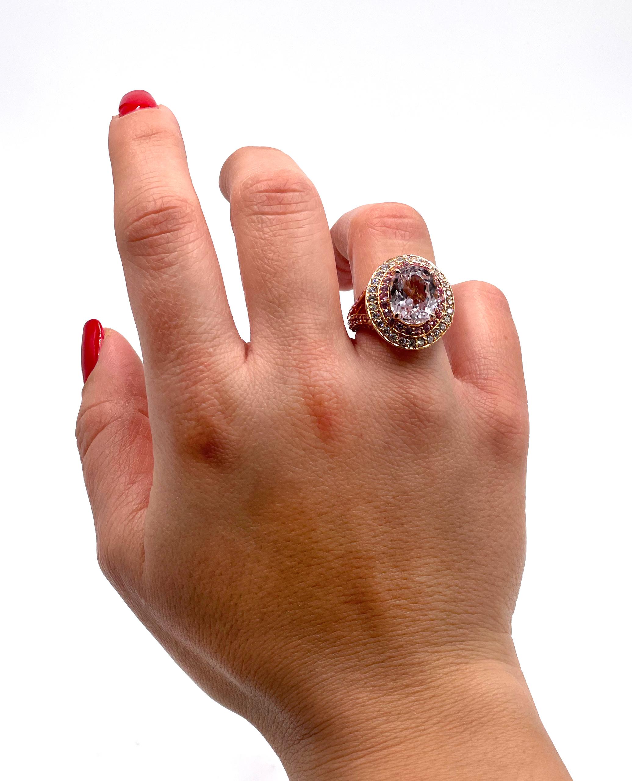 Women's or Men's 14K Rose Gold Split Shank Double Halo Ring, Kunzite, Pink Sapphires & Diamonds For Sale