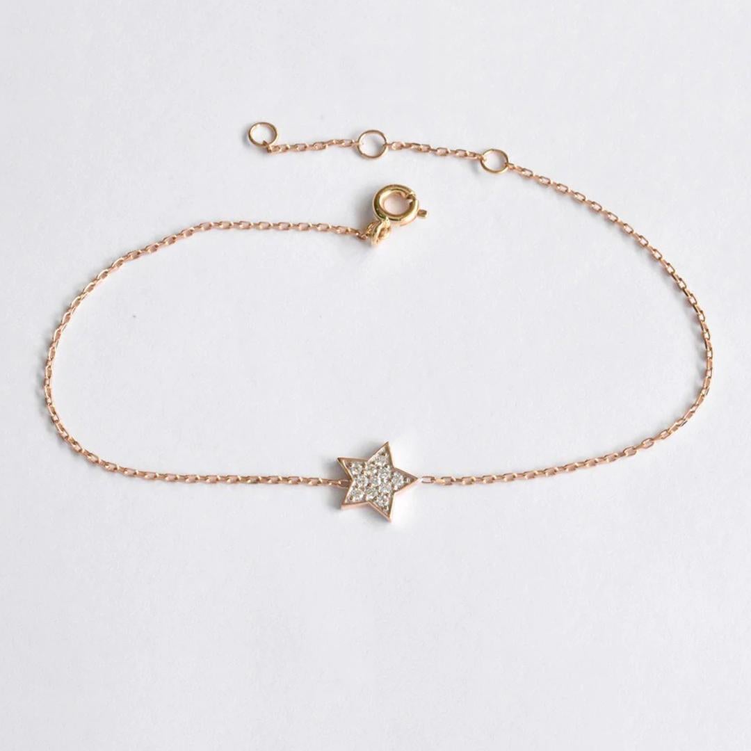 Lucky Star Bracelet is made of 14k solid gold.
Available in three colors of gold: White Gold / Rose Gold / Yellow Gold.

Natural genuine round cut diamond each diamond is hand selected by me to ensure quality and set by a master setter in our