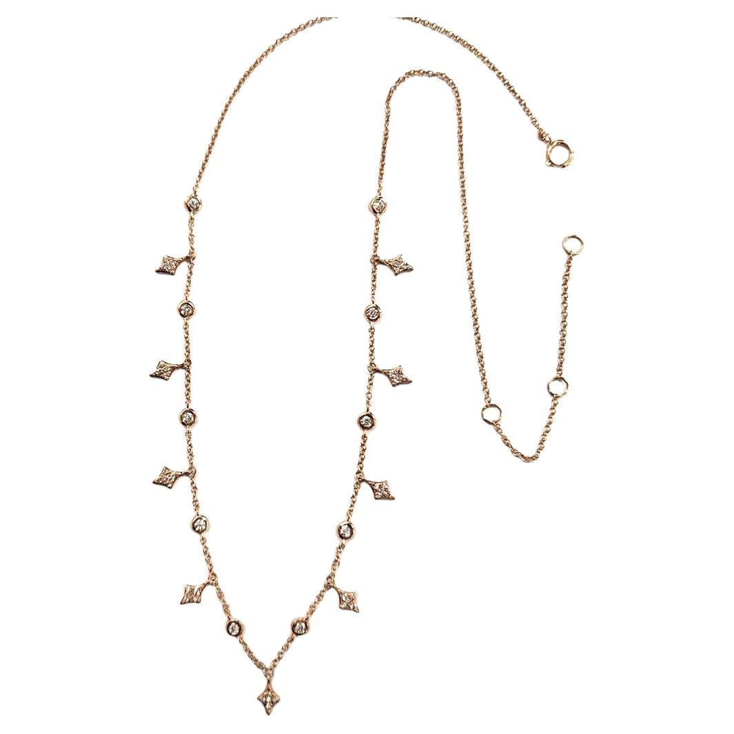 Collana con diamanti a stella in oro rosa 14k con pavé e stazioni incastonate, 16". in vendita