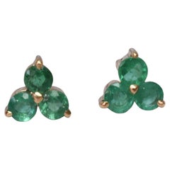 14k Rose Gold Stud Emerald Floral Earrings Emerald Cluster Stud Earrings