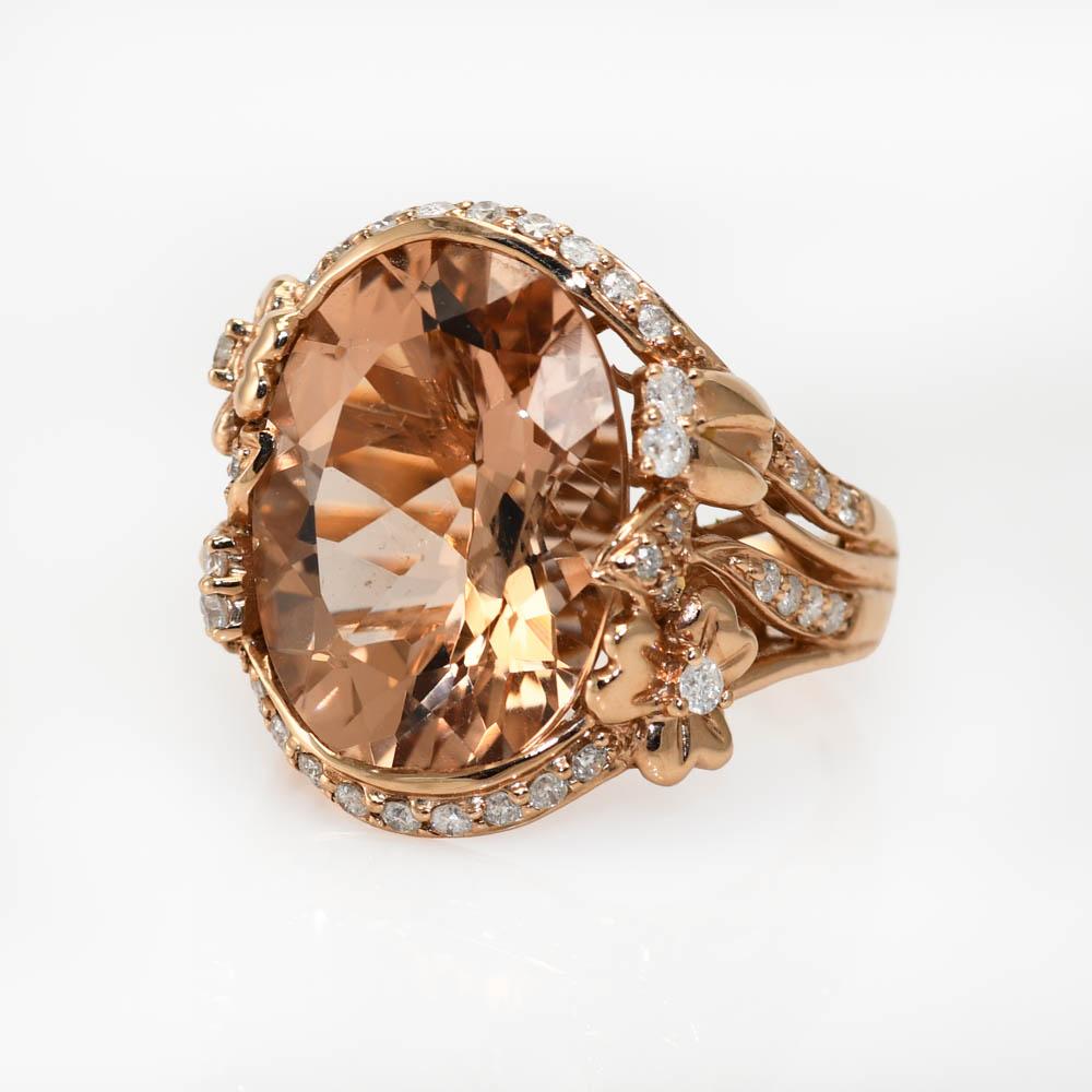 Women's 14K Rose Gold, Synthetic Beryl & Diamond Ring, 7.8gr For Sale
