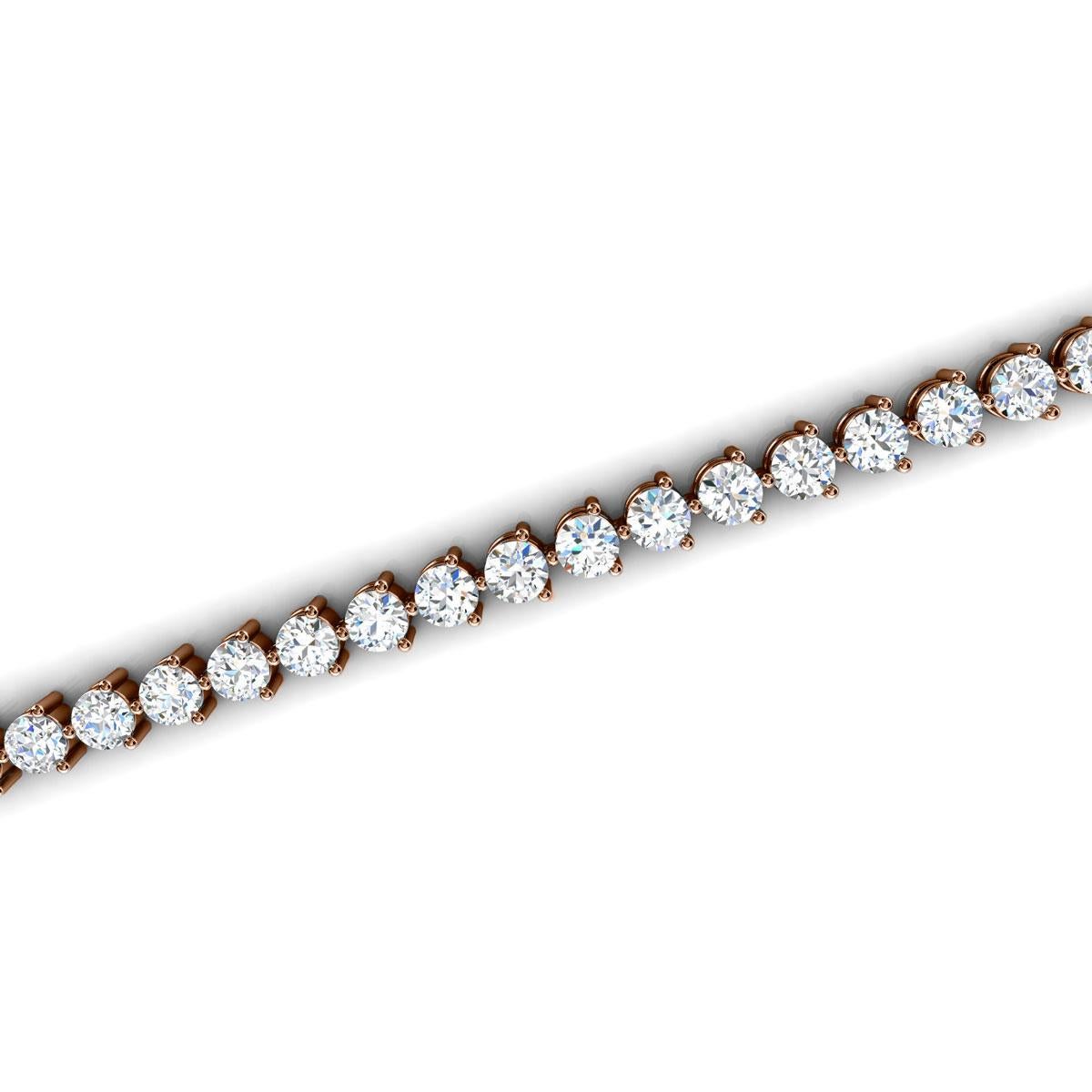 Taille ronde Bracelet tennis à trois griffes en or rose 14 carats et diamants de 7 carats en vente