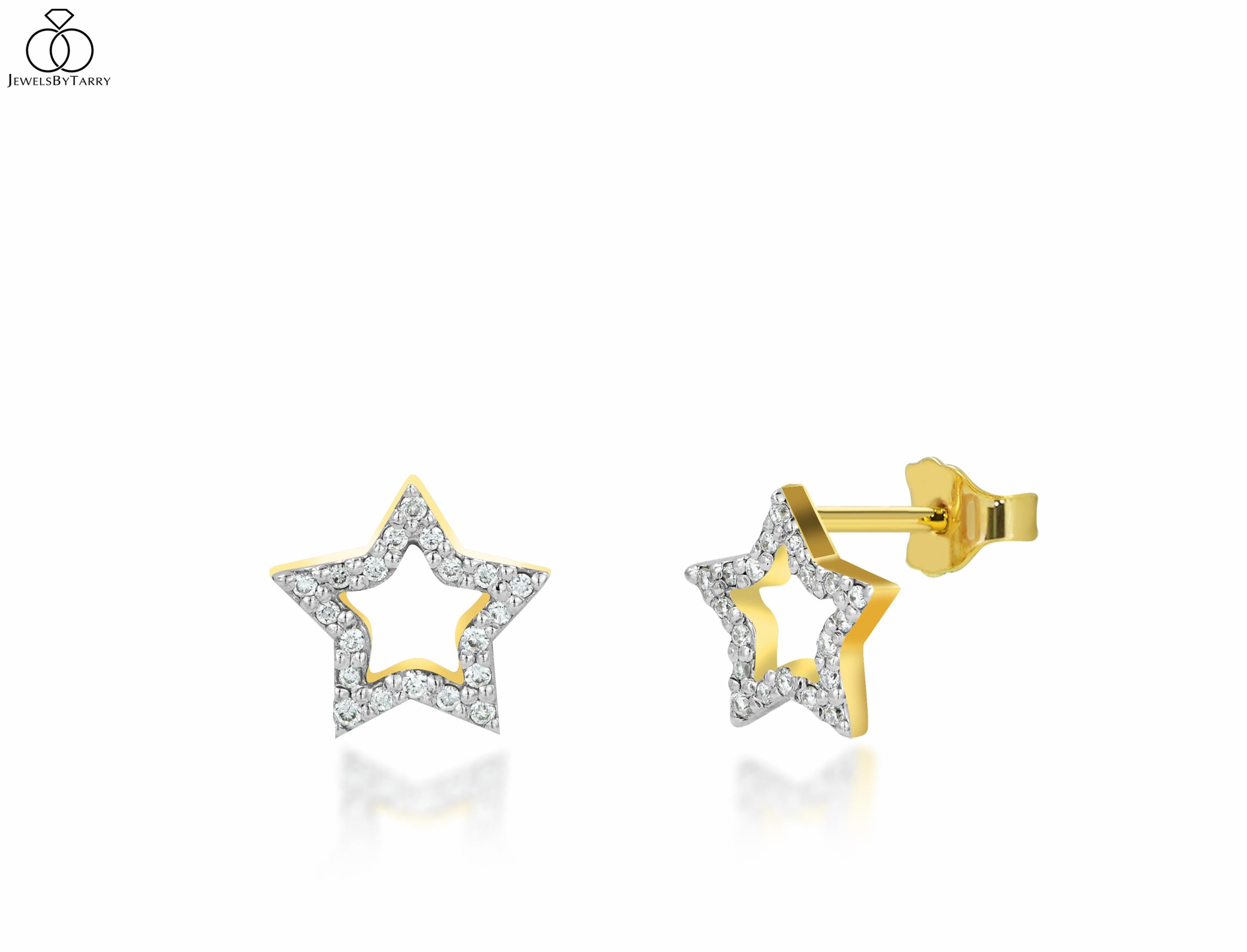 Tiny Diamond Star Stud Earrings are made of 14k solid gold available in three colors of gold, White Gold / Rose Gold / White Gold.

These Dainty Stud Earrings in 14k Gold featuring shiny brilliant round cut natural diamonds set by master setter in