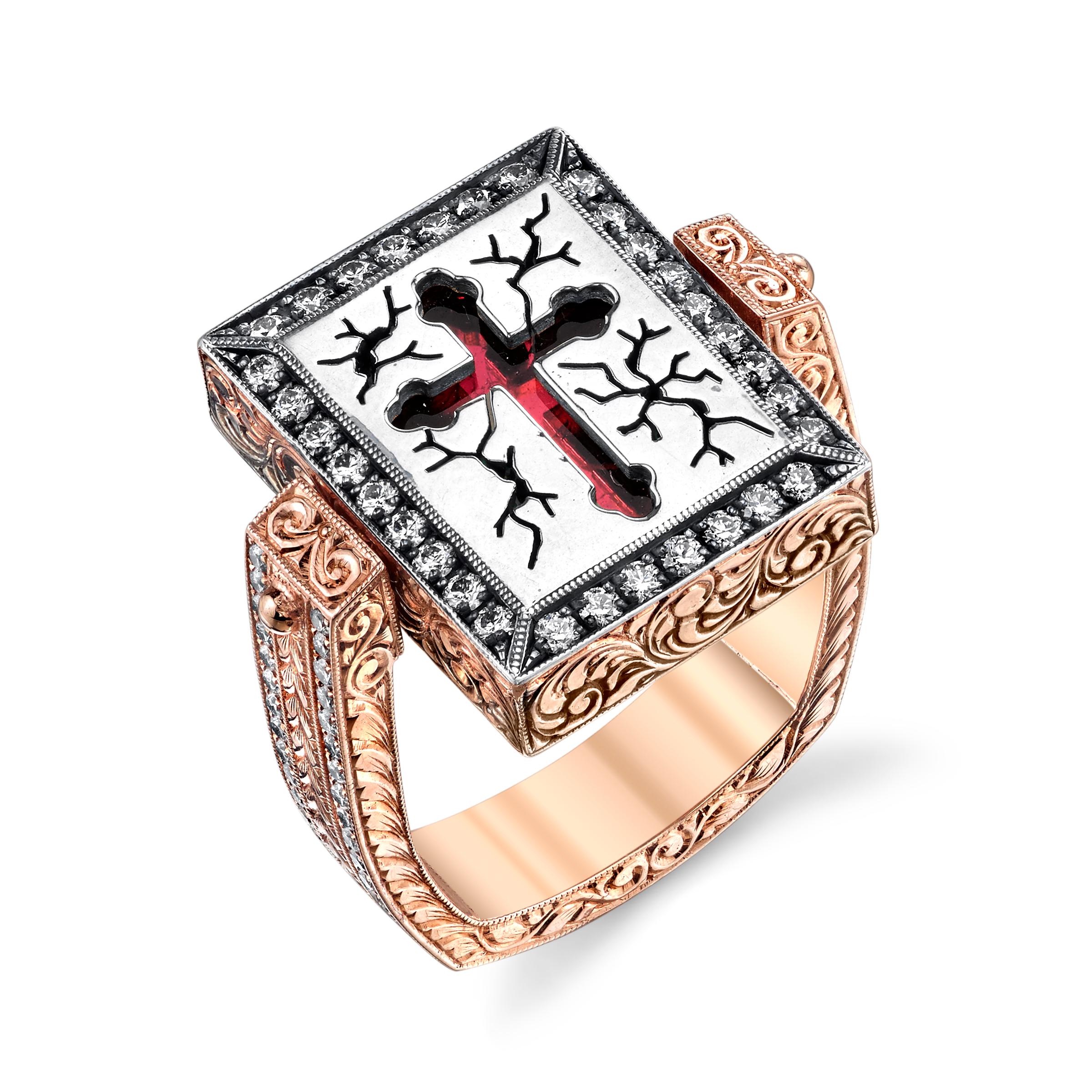 This ring is unlike any you have seen before! It features hand-engraving throughout the design and a unique flip mechanism. Depending on your mood, you can either wear this ring showcasing Rubies and 14 Karat Rose Gold or Organic Silver and