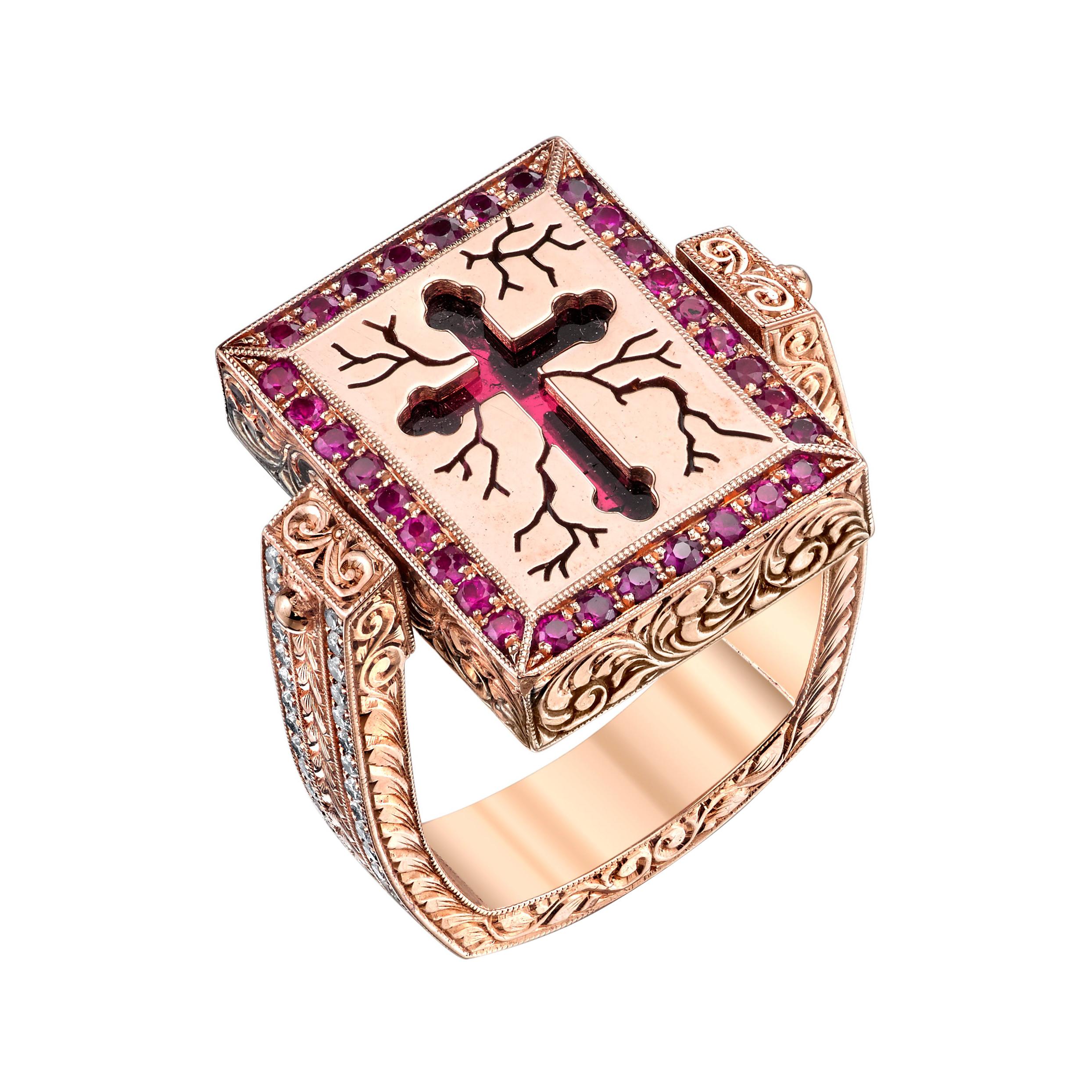 14K Rose Gold Tourmaline, Ruby and Diamond Cross Flip Ring For Sale