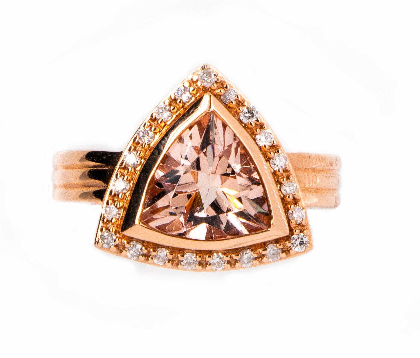 Trillion Cut 14K Rose Gold Trillion Morganite & Diamond Halo Vintage Ring For Sale