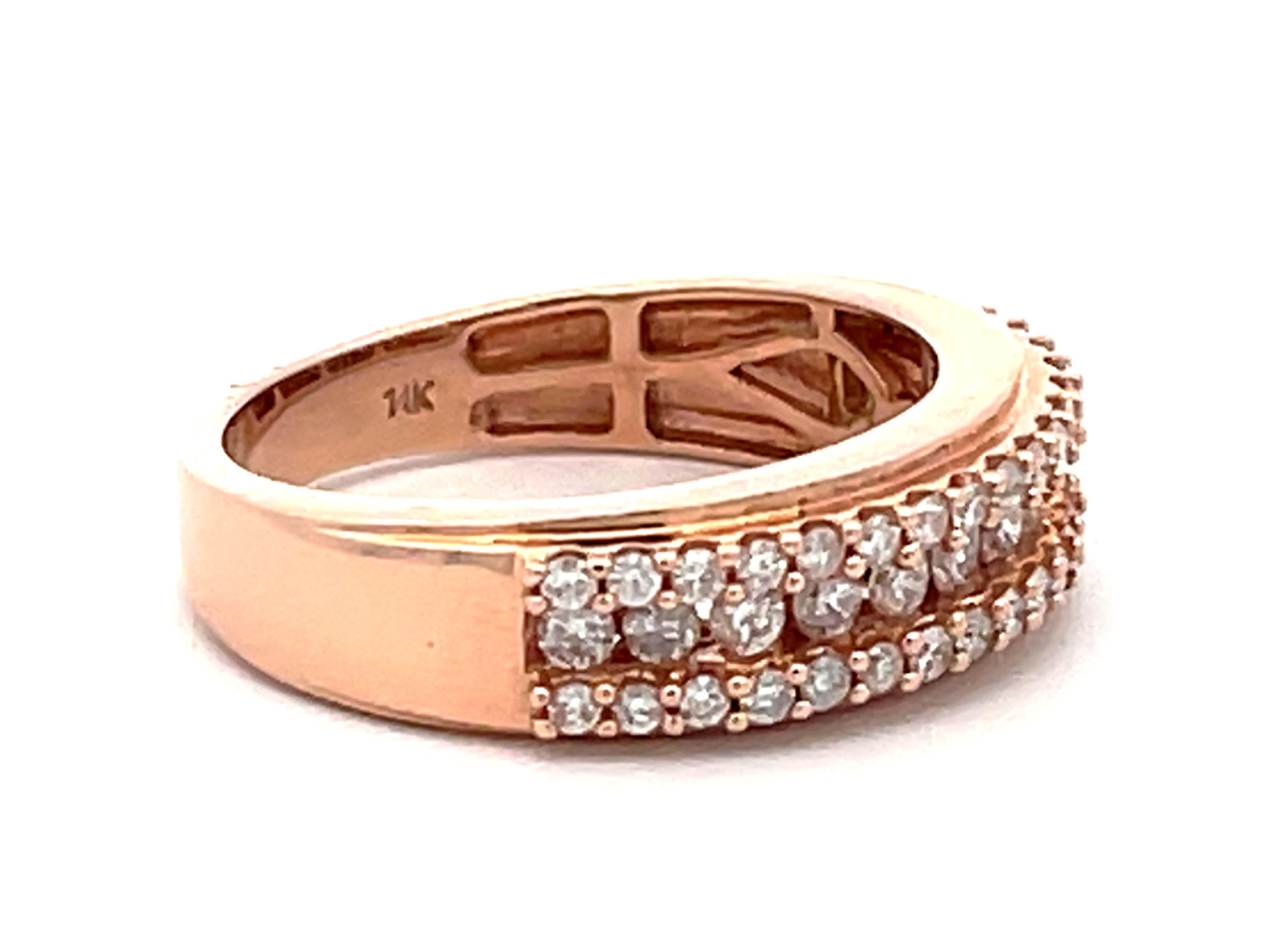 Modern 14k Rose Gold Triple Diamond Row Band Ring For Sale