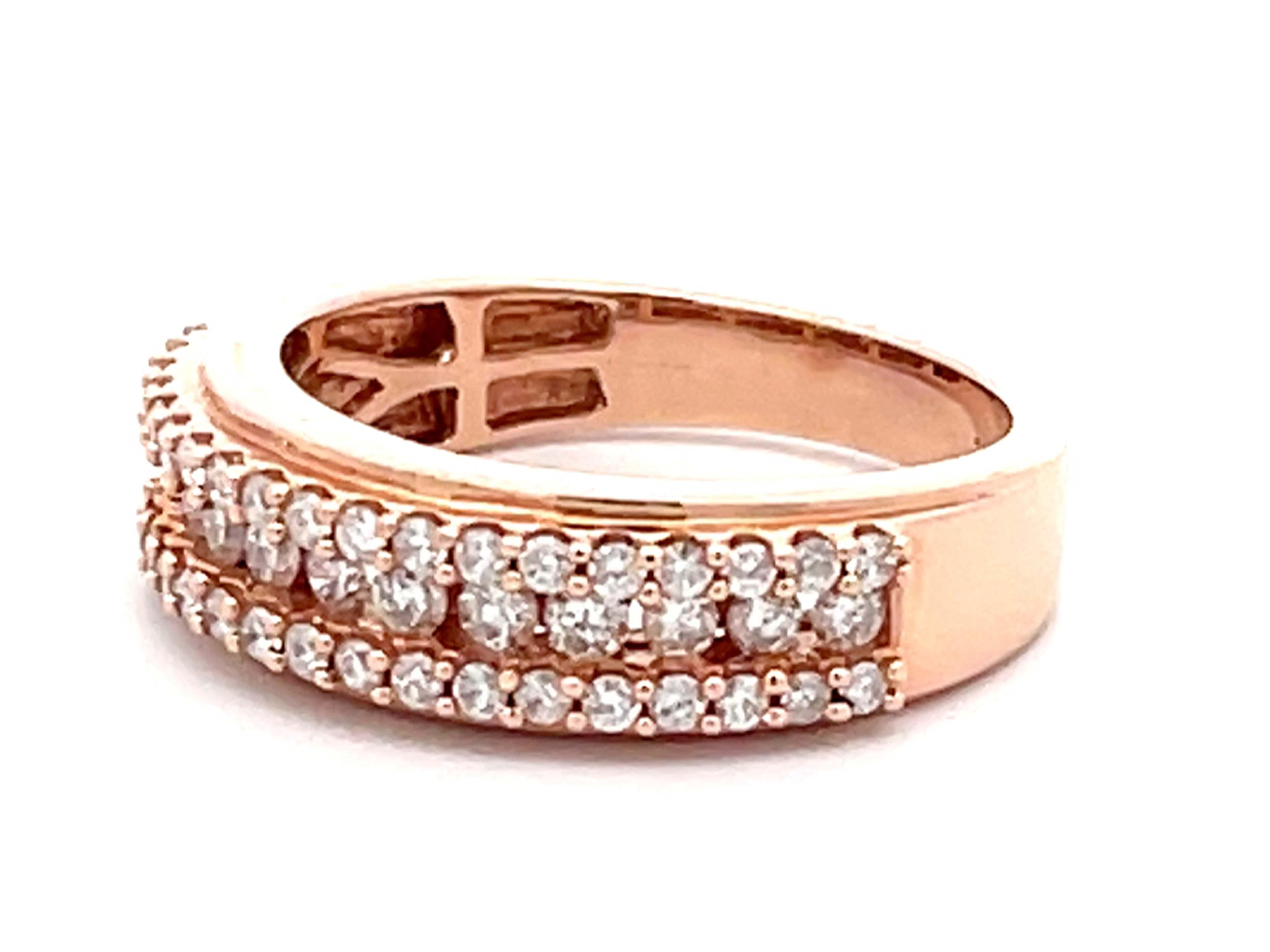 Brilliant Cut 14k Rose Gold Triple Diamond Row Band Ring For Sale