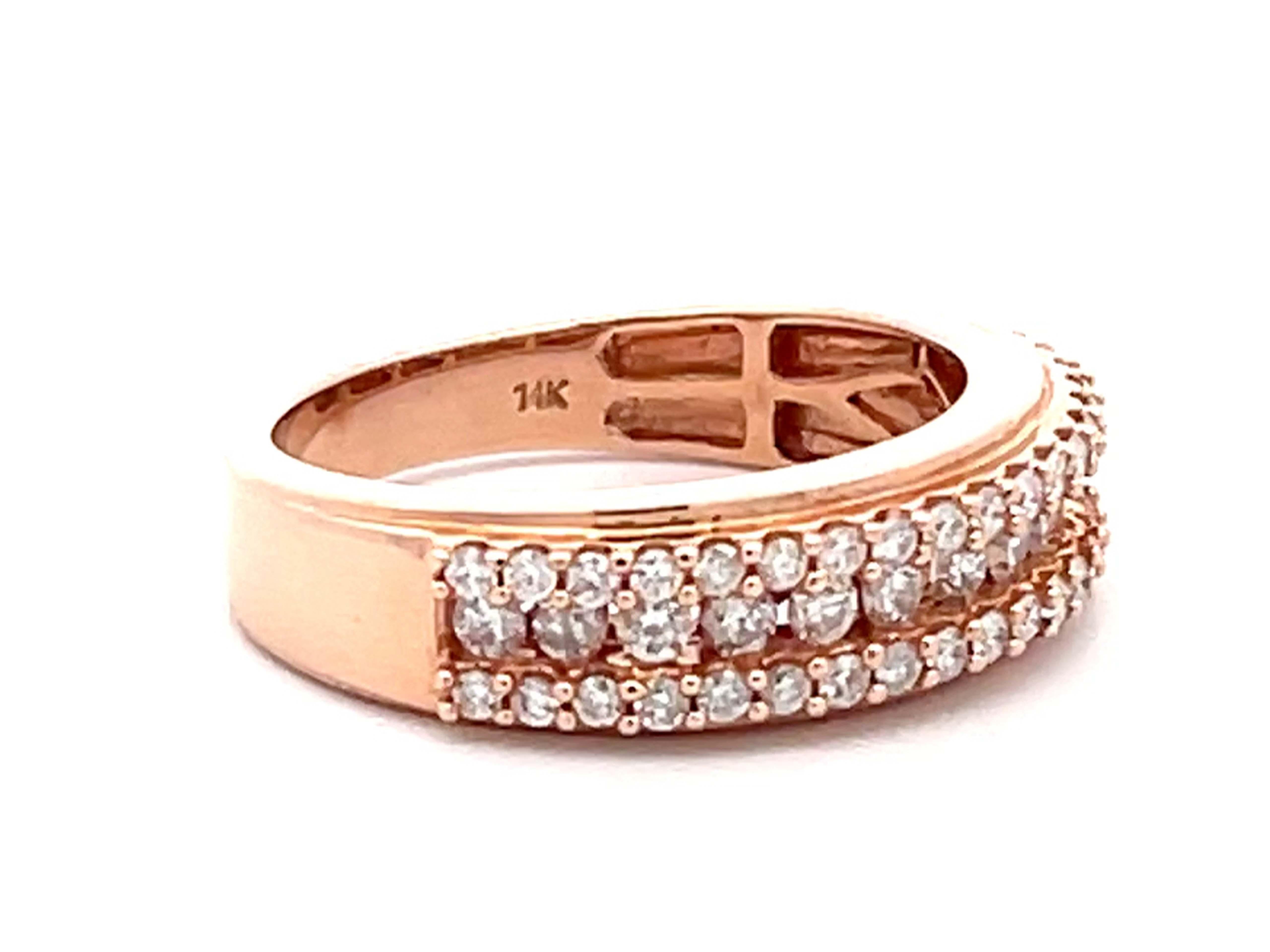 14k Rose Gold Triple Diamond Row Band Ring In Excellent Condition For Sale In Honolulu, HI