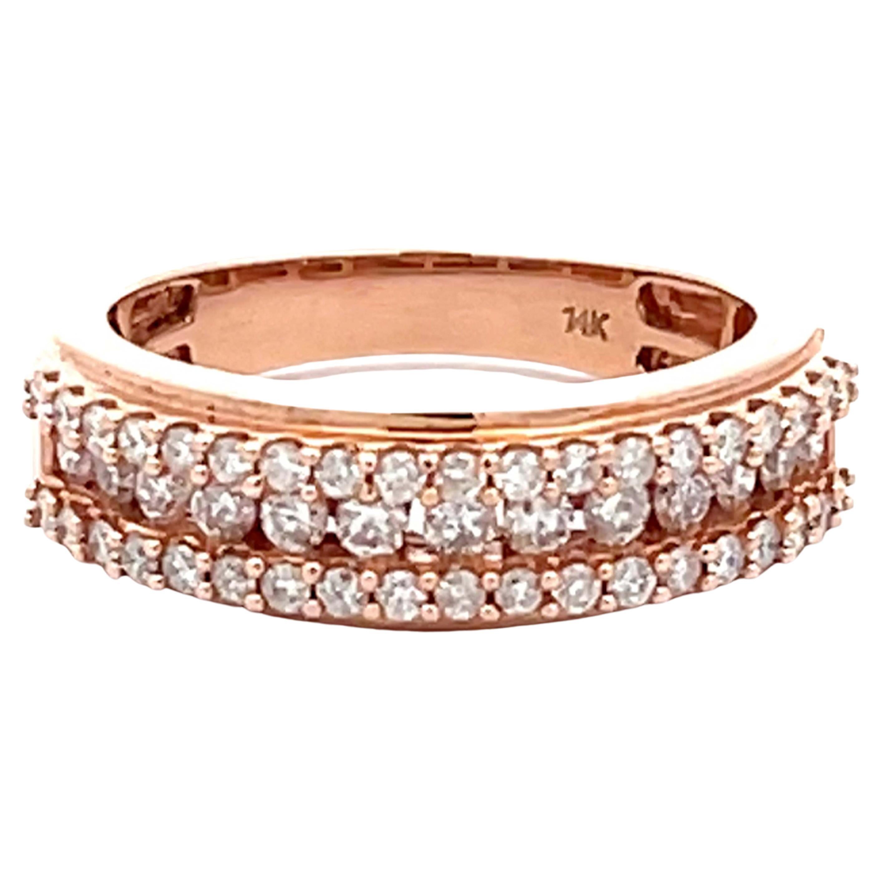 14k Rose Gold Triple Diamond Row Band Ring For Sale