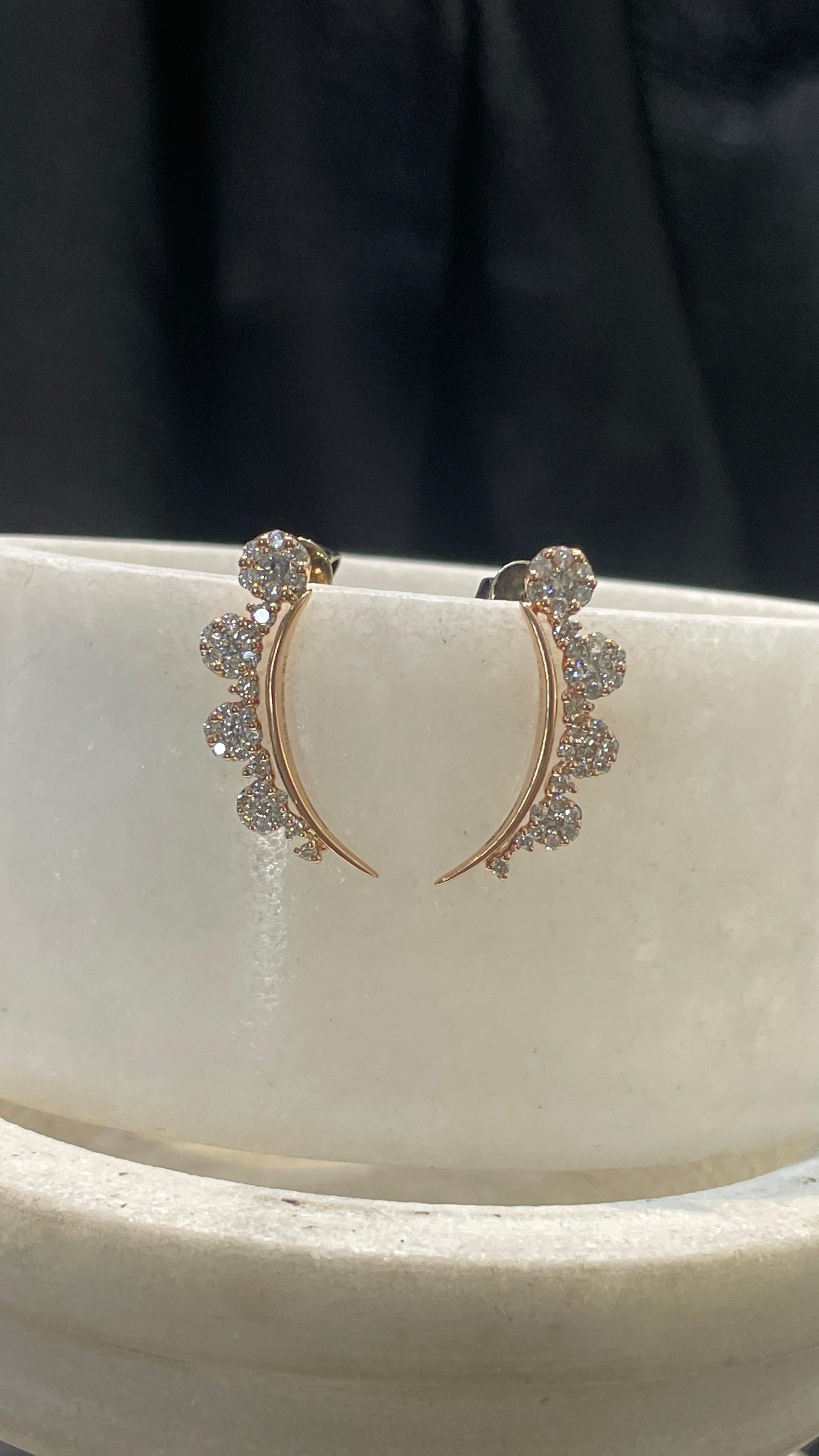 Modern 14k Rose Gold Diamond Curve Stud Earrings Gift for Daughter For Sale