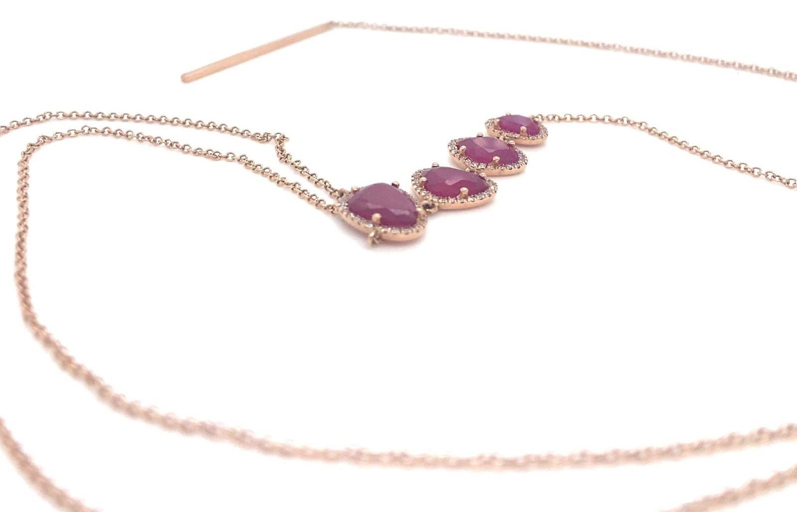 Modern 14k Rose Gold Unique Ruby and 0.64 ct Diamond Drop Lariat Necklace, 17.5