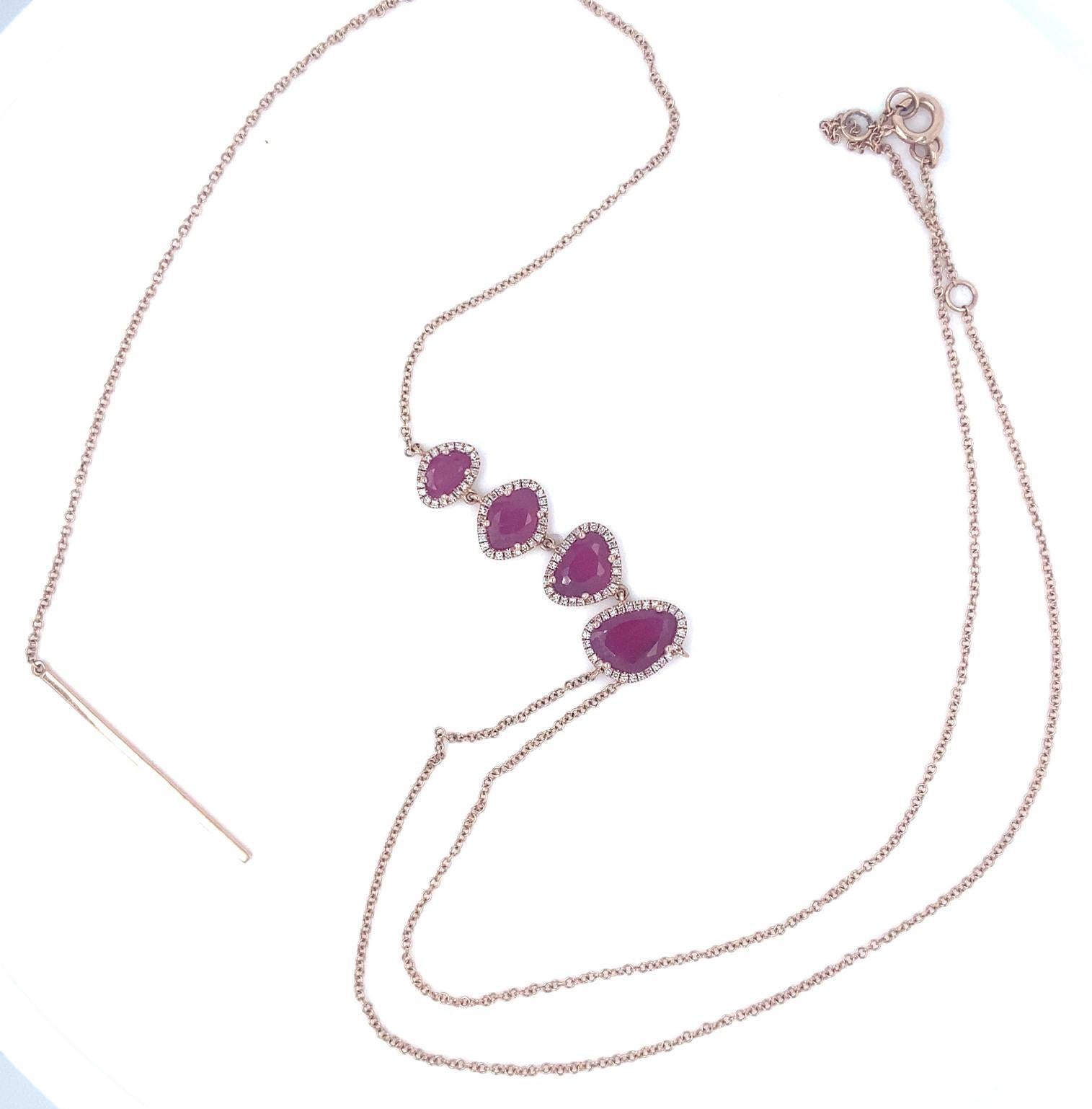 Round Cut 14k Rose Gold Unique Ruby and 0.64 ct Diamond Drop Lariat Necklace, 17.5