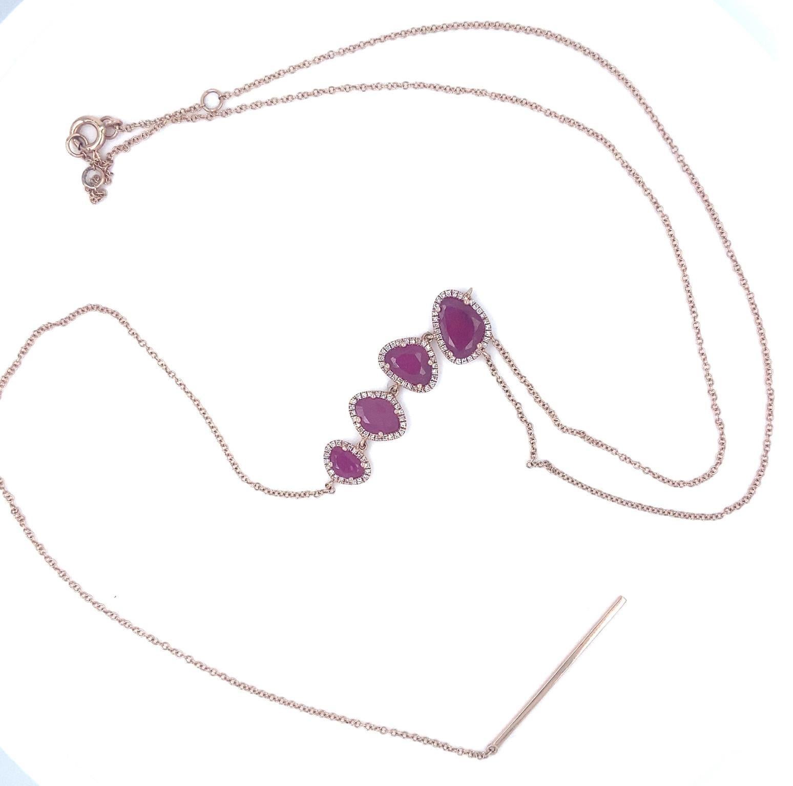 14k Rose Gold Unique Ruby and 0.64 ct Diamond Drop Lariat Necklace, 17.5