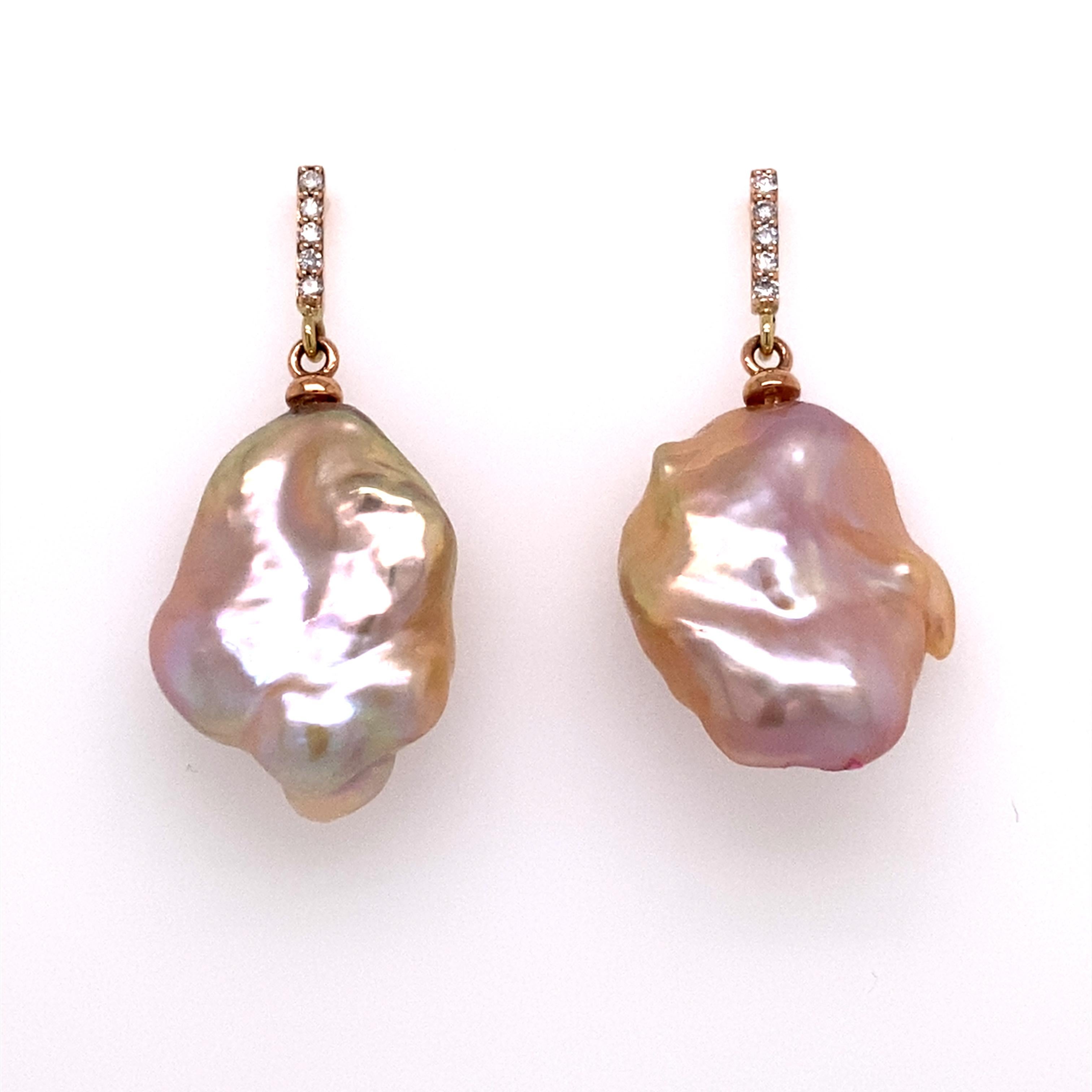 Contemporary 14 Karat Rose Gold Vertical Diamond Bar Baroque Pearl Earrings