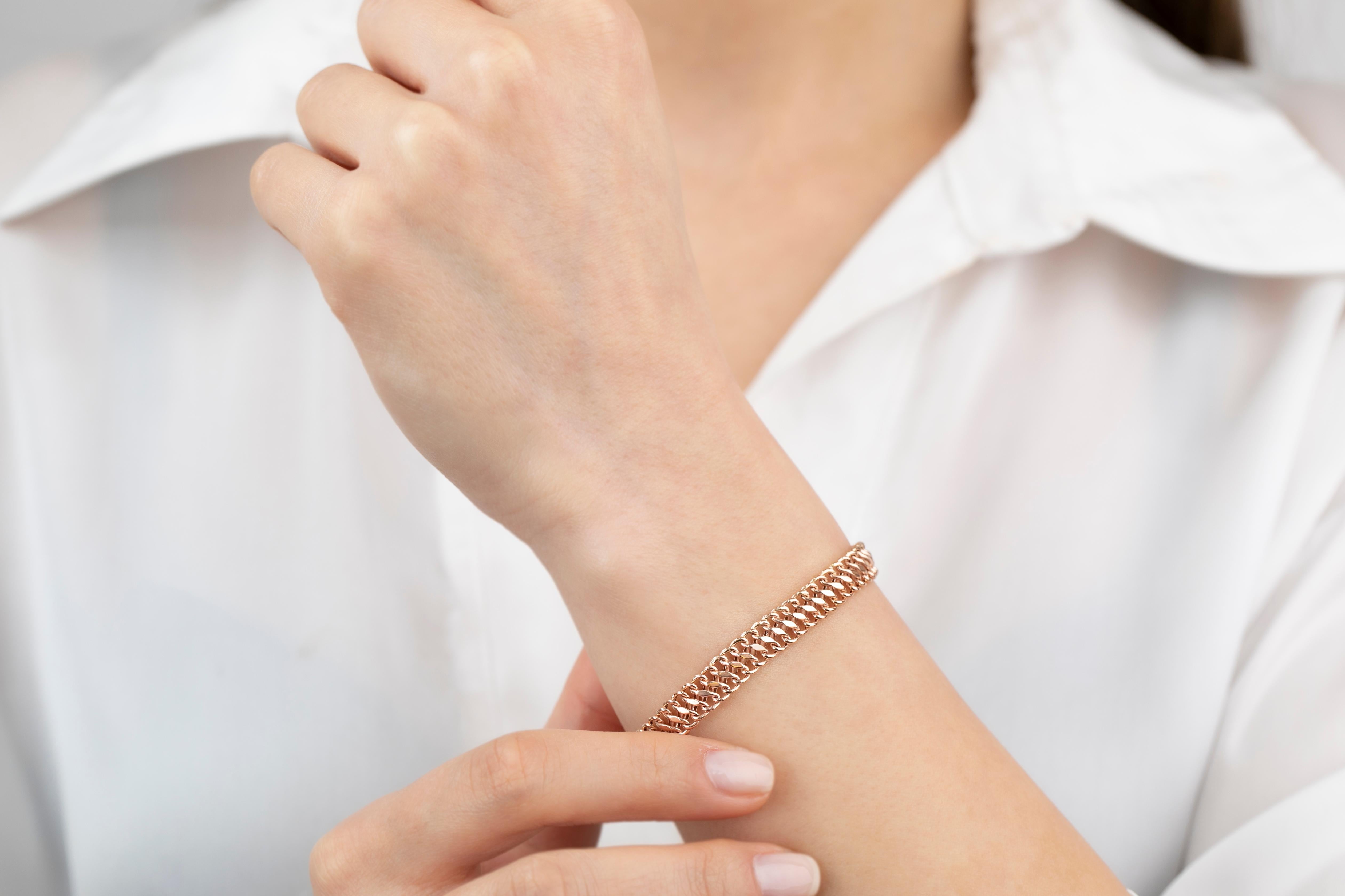 14K Roségold Vienna Kette Armband - 585K Double Curb Kette Dainty Armband im Zustand „Neu“ in ISTANBUL, TR