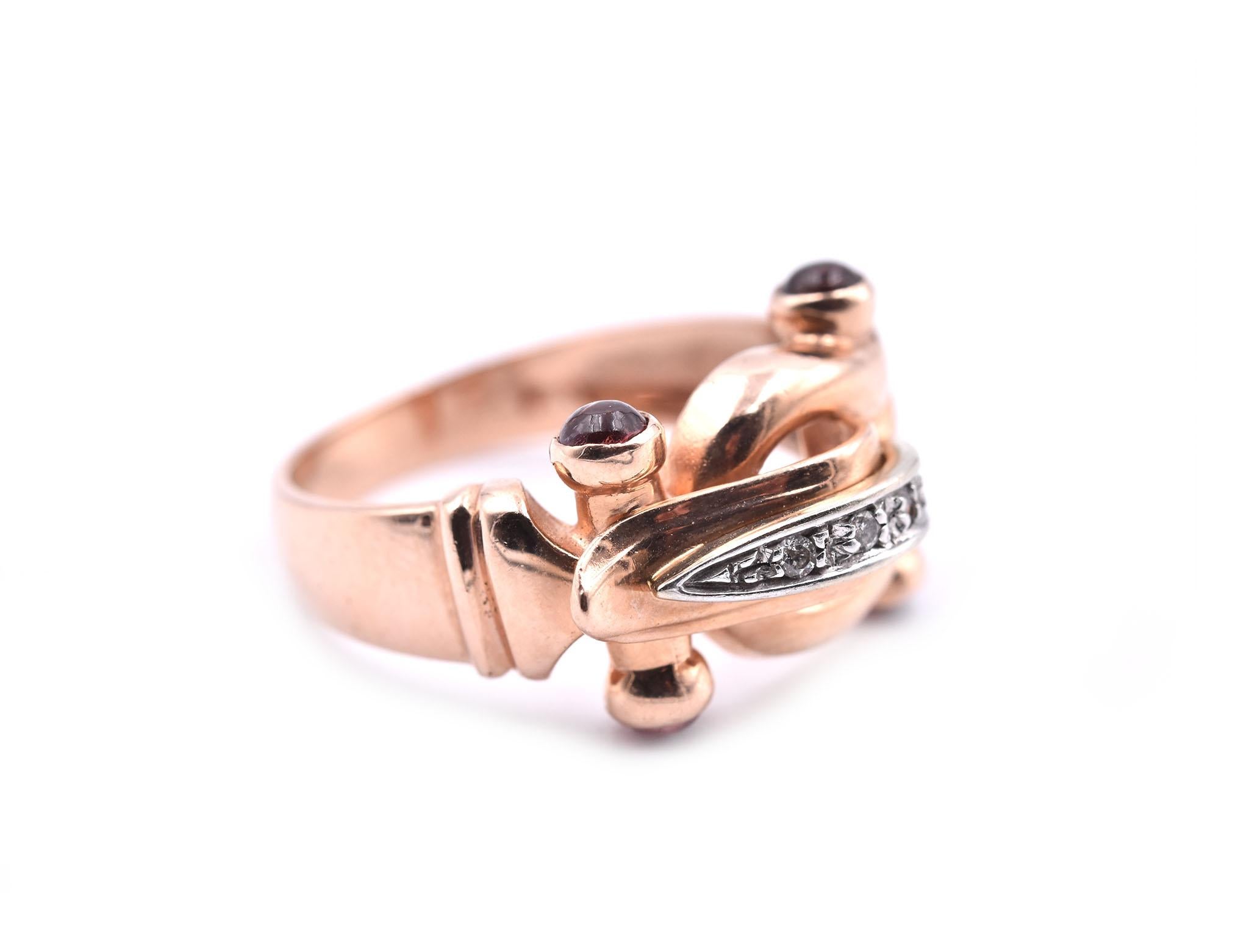 Designer: custom design
Material: 14k rose gold
Diamonds: round brilliant cut = .06cttw
Color: G
Clarity: SI1
Ring size: 7 ¾ (please allow two additional shipping days for sizing requests)
Dimensions: ring top measures 12.80mm by 19.33mm 
Weight: