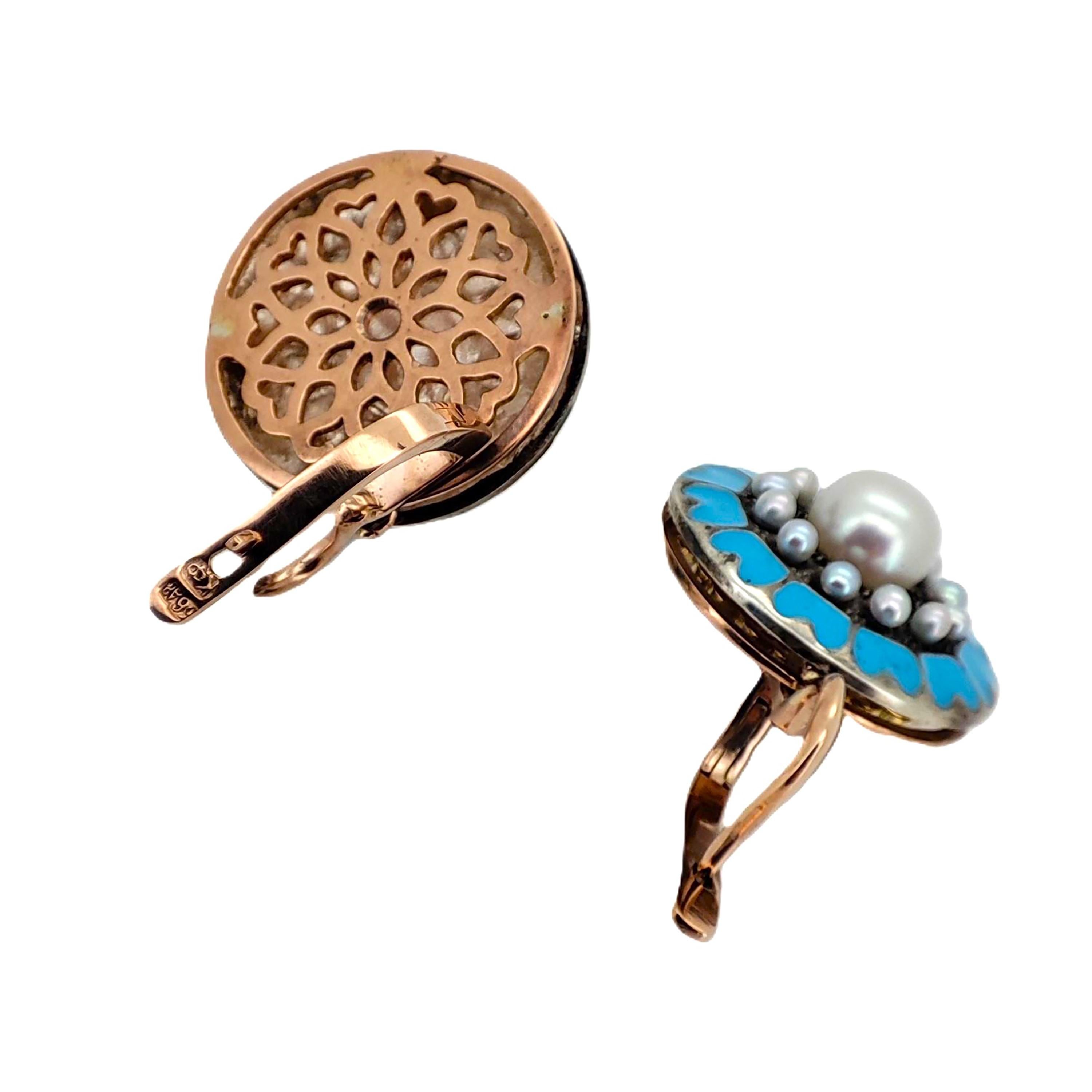 14K Roségold Vintage Imperial Era Russische Blau Emaille- und Perlen-Ohrringe aus der Kaiserzeit (Zarenreich)