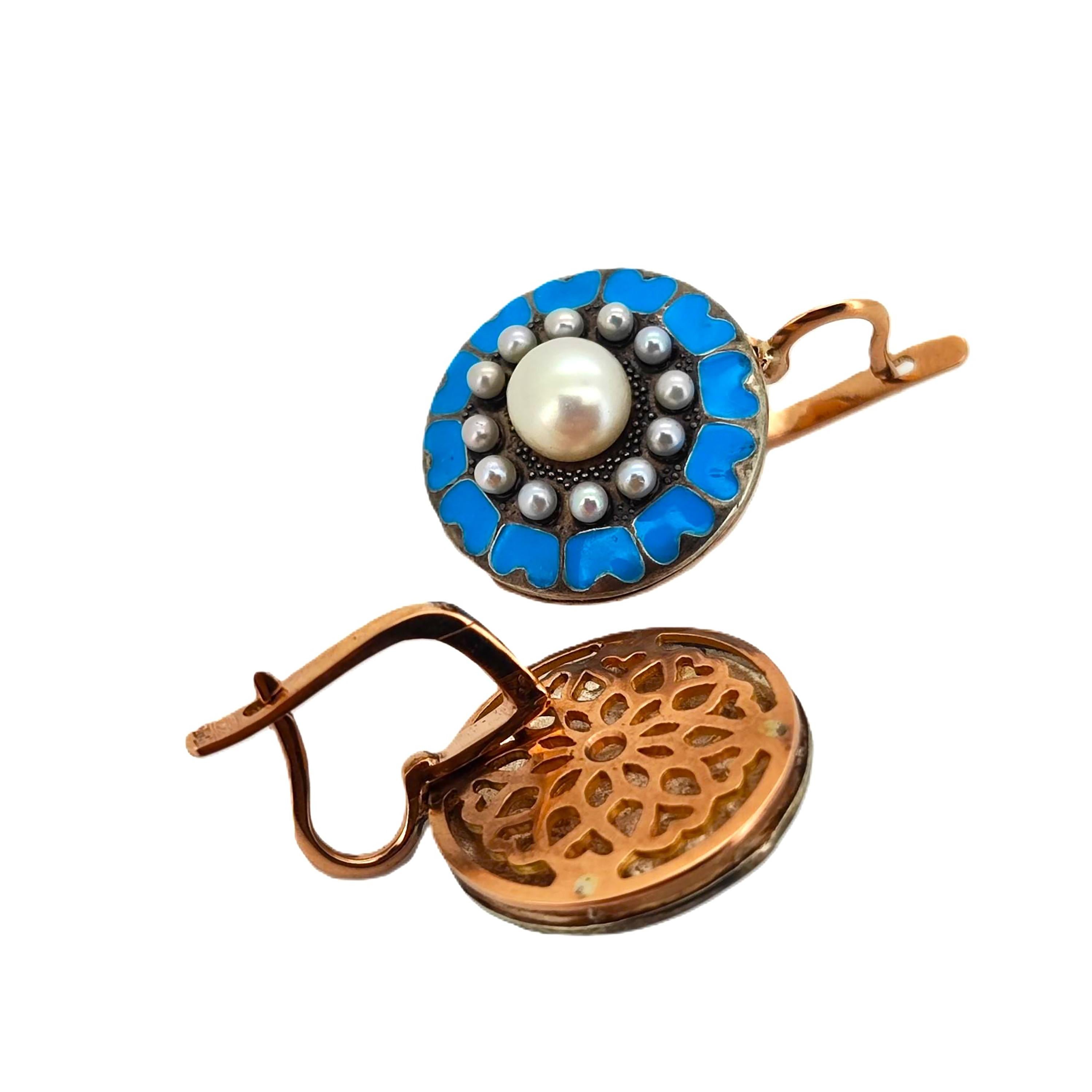14K Roségold Vintage Imperial Era Russische Blau Emaille- und Perlen-Ohrringe aus der Kaiserzeit (Rundschliff)