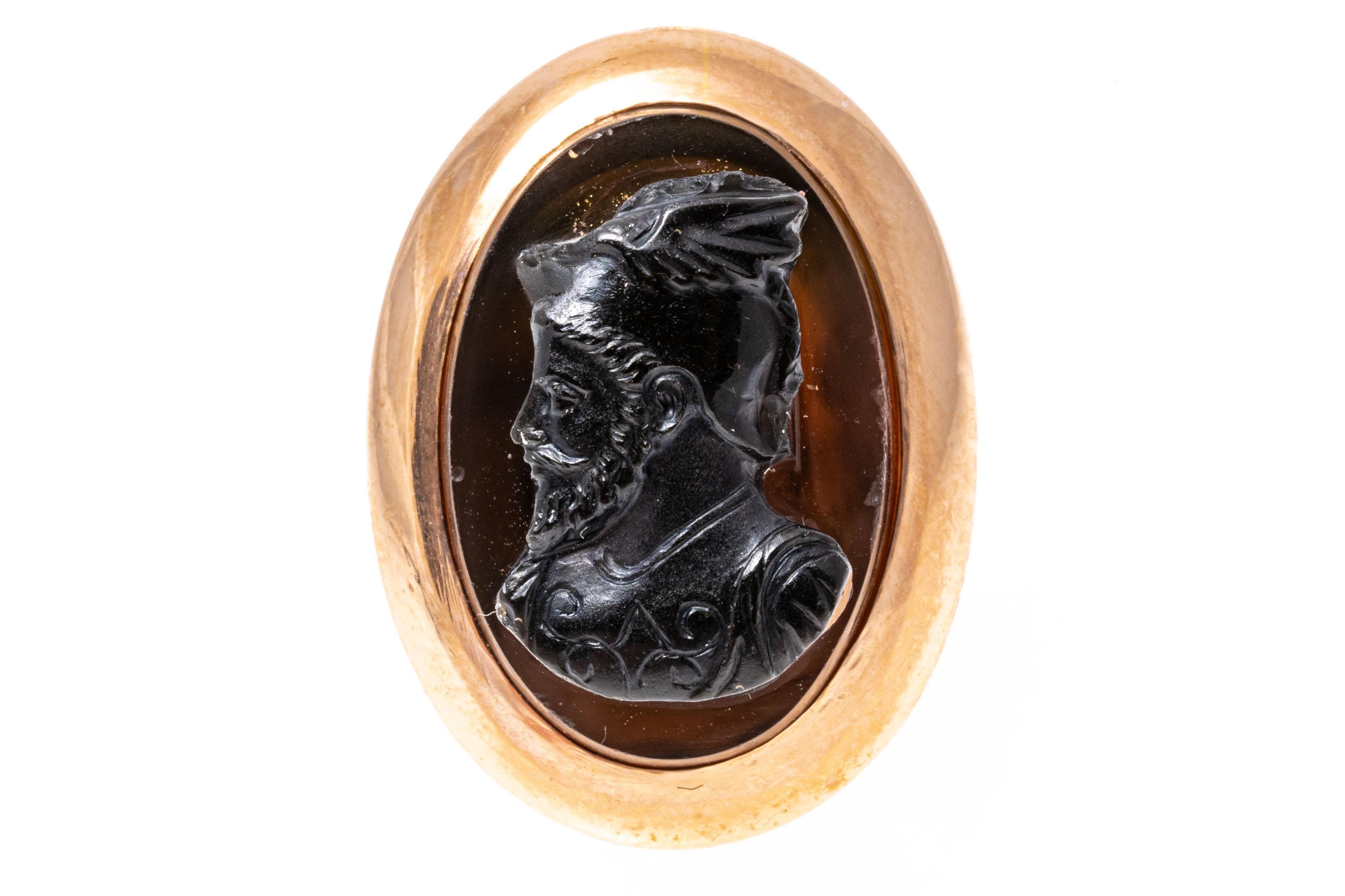 14 Karat Roségold Vintage Oval Schwarzer Onyx Kamee mit Bändern, links vorne im Angebot 1