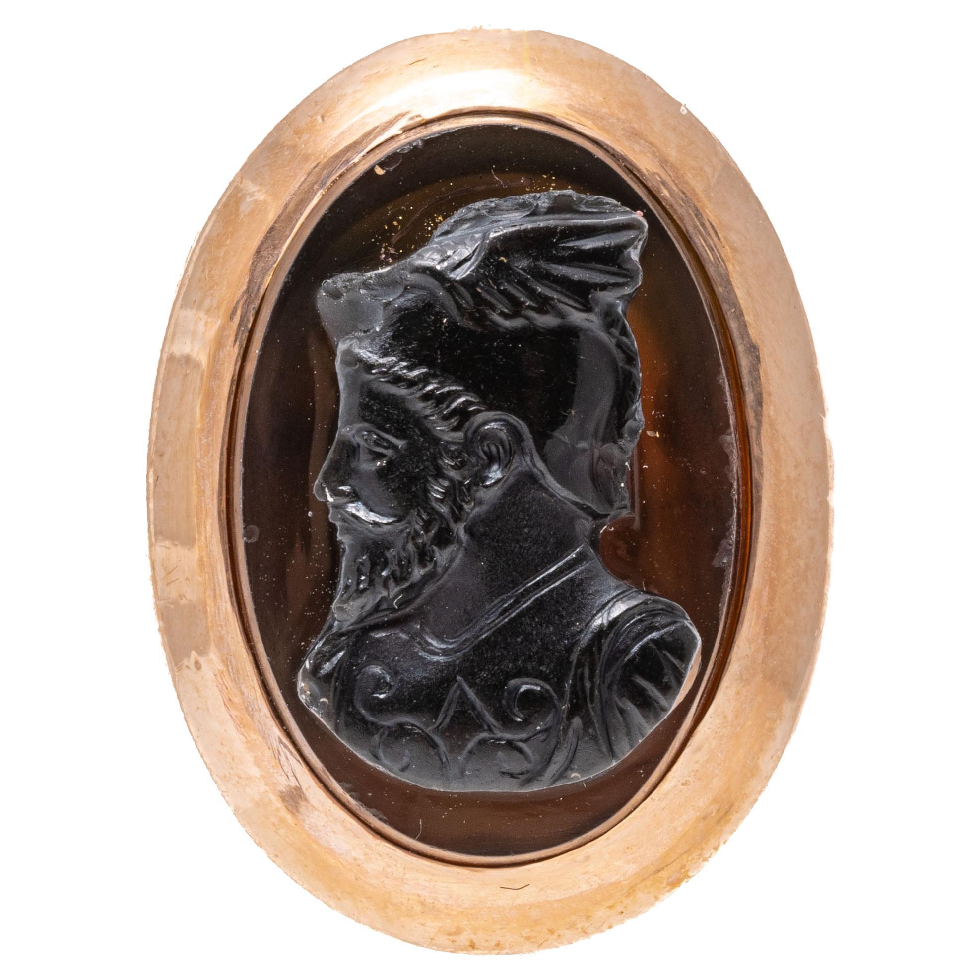 14k Rose Gold Vintage Oval Black Onyx Bearded Cameo, Left Facing For Sale