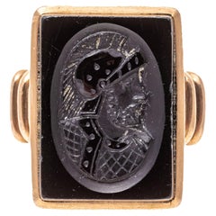 14k Rose Gold Vintage Rectangular Chalcedony Soldier Motif Ring